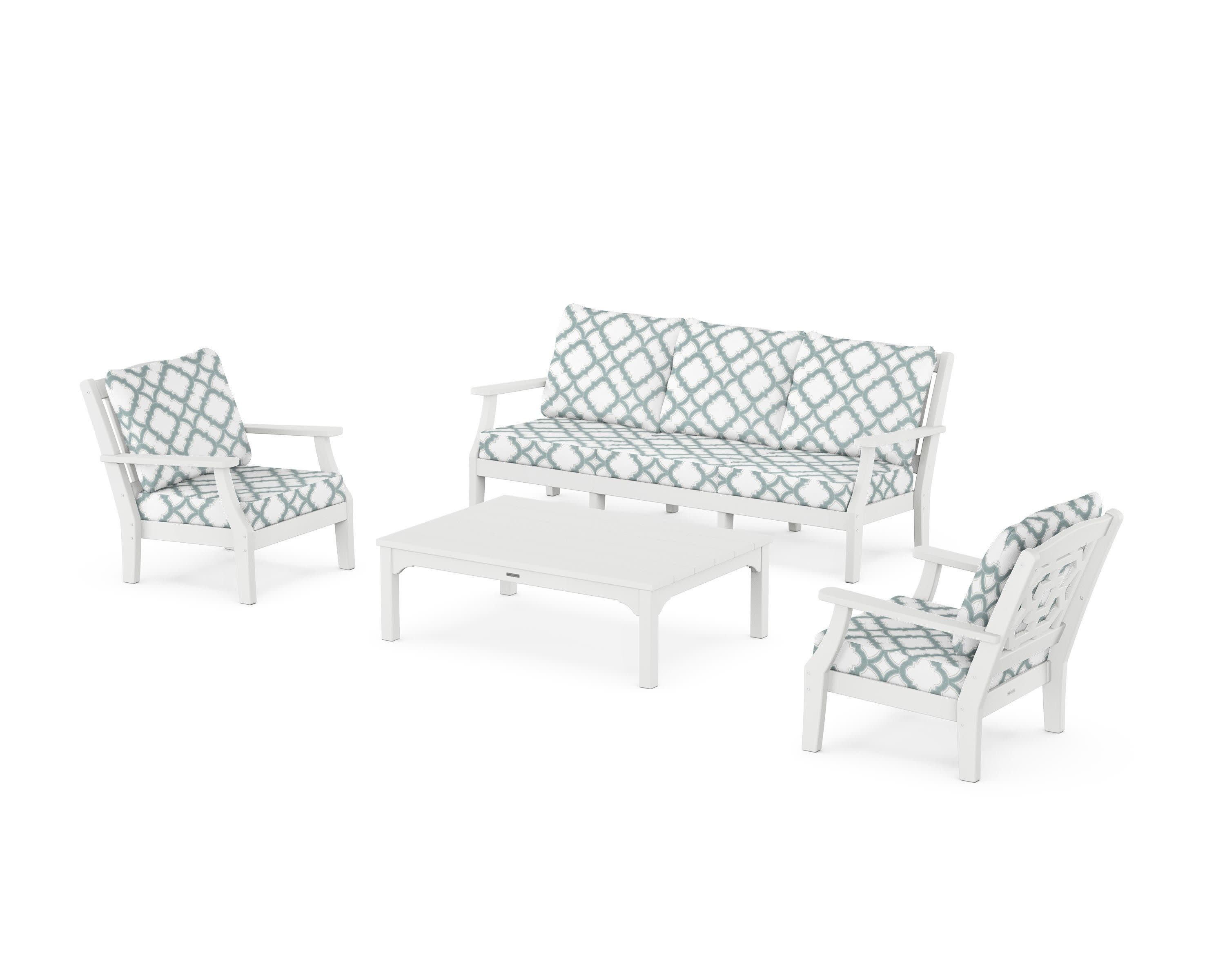 Chinoiserie 4-Piece Deep Seating Set with Sofa in White / Trellis Glacier Spa