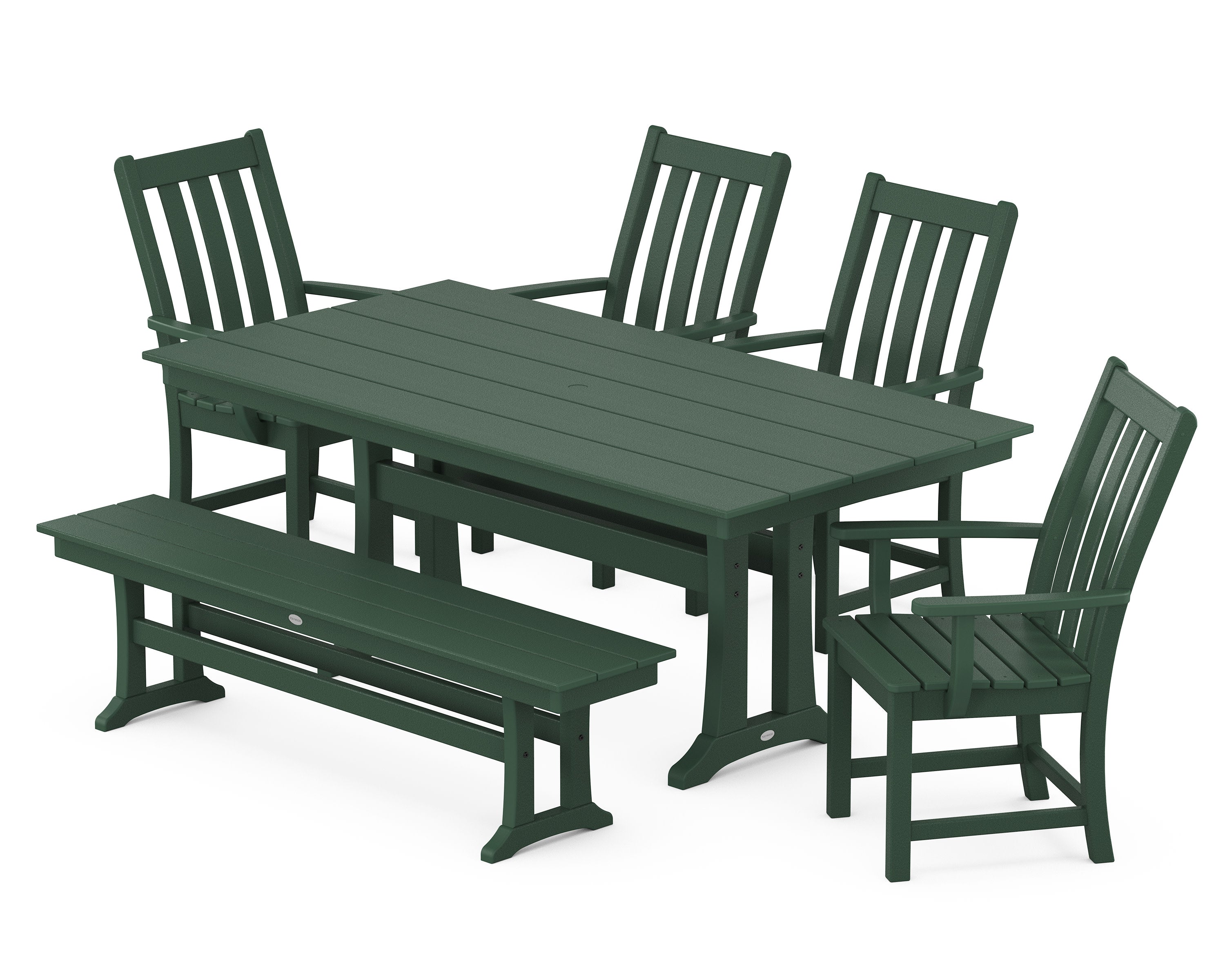 Vineyard 6-Piece Arm Chair Farmhouse Dining Set with Trestle Legs and Bench in Green