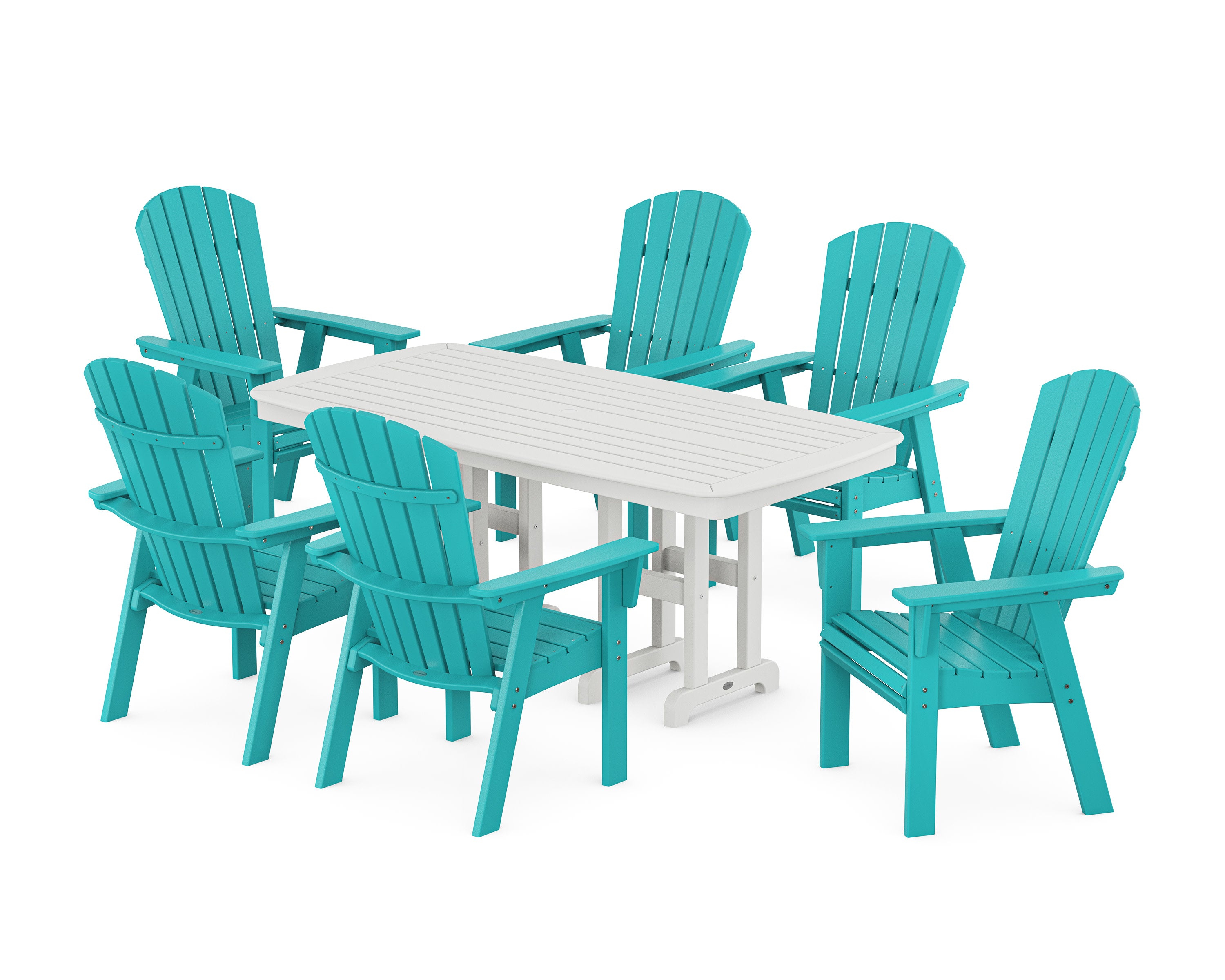 Nautical Curveback Adirondack 7-Piece Dining Set in Aruba / White