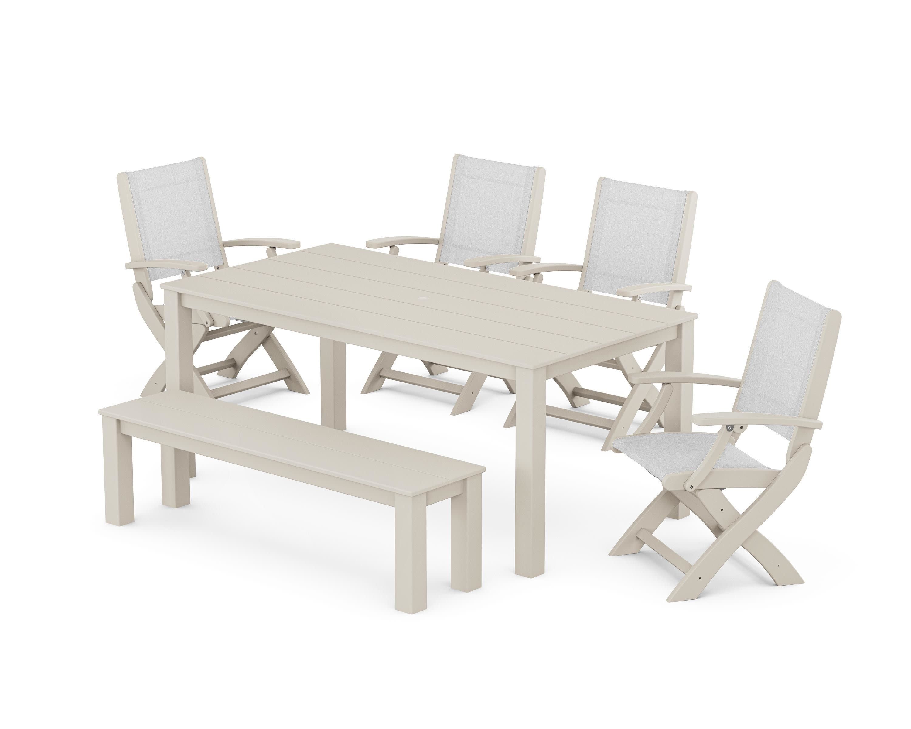 Coastal Folding Chair 6-Piece Parsons Dining Set with Bench in Sand / White Sling