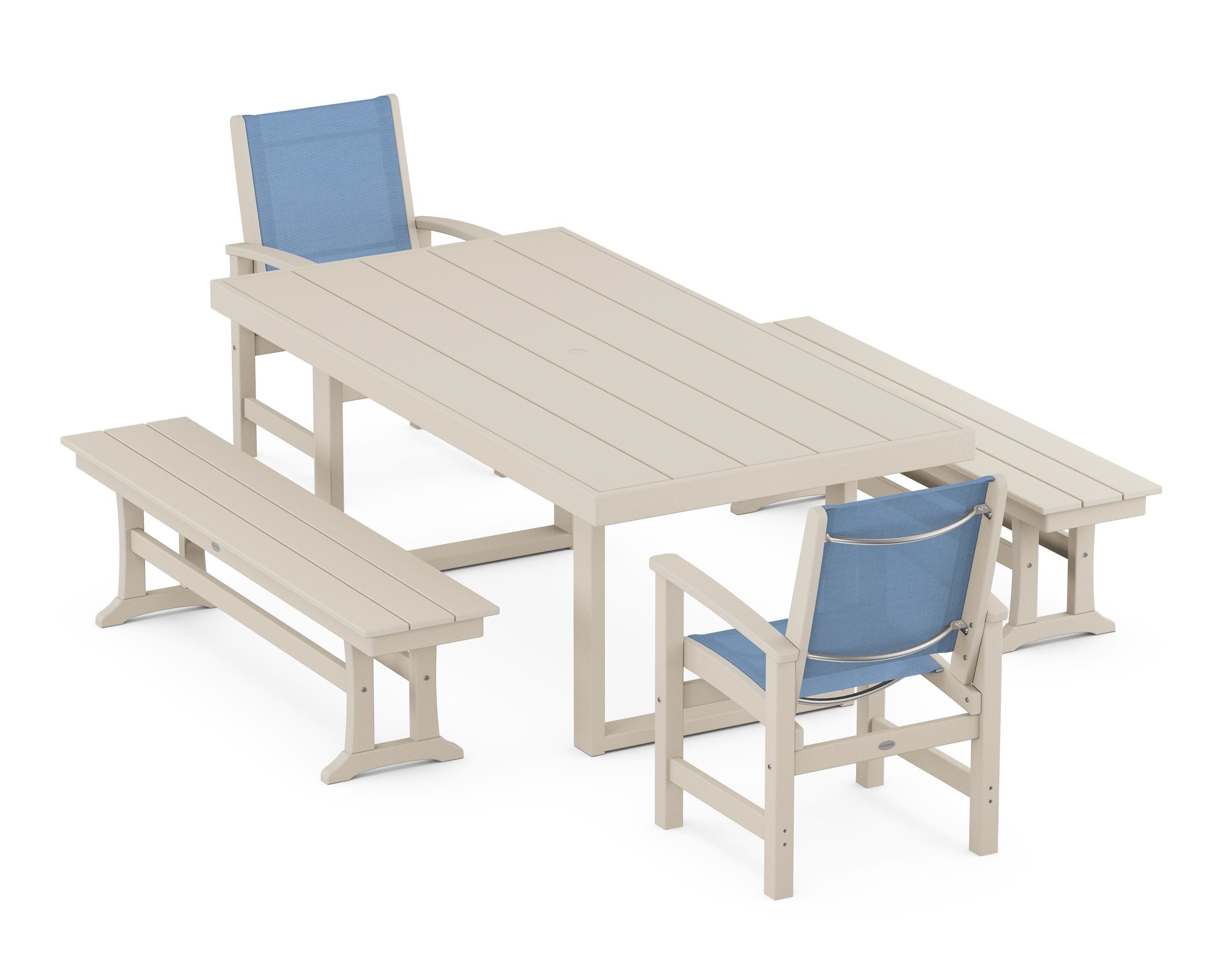 Coastal 5-Piece Dining Set with Trestle Legs in Sand / Poolside Sling