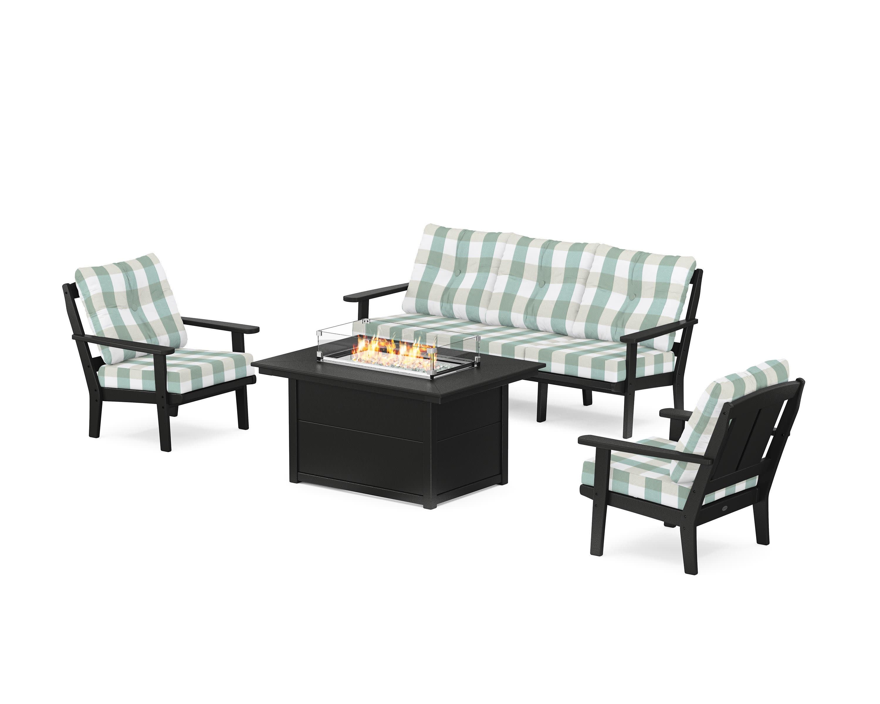 Mission Deep Seating Fire Pit Table Set in Black / Buffalo Plaid Glacier Spa
