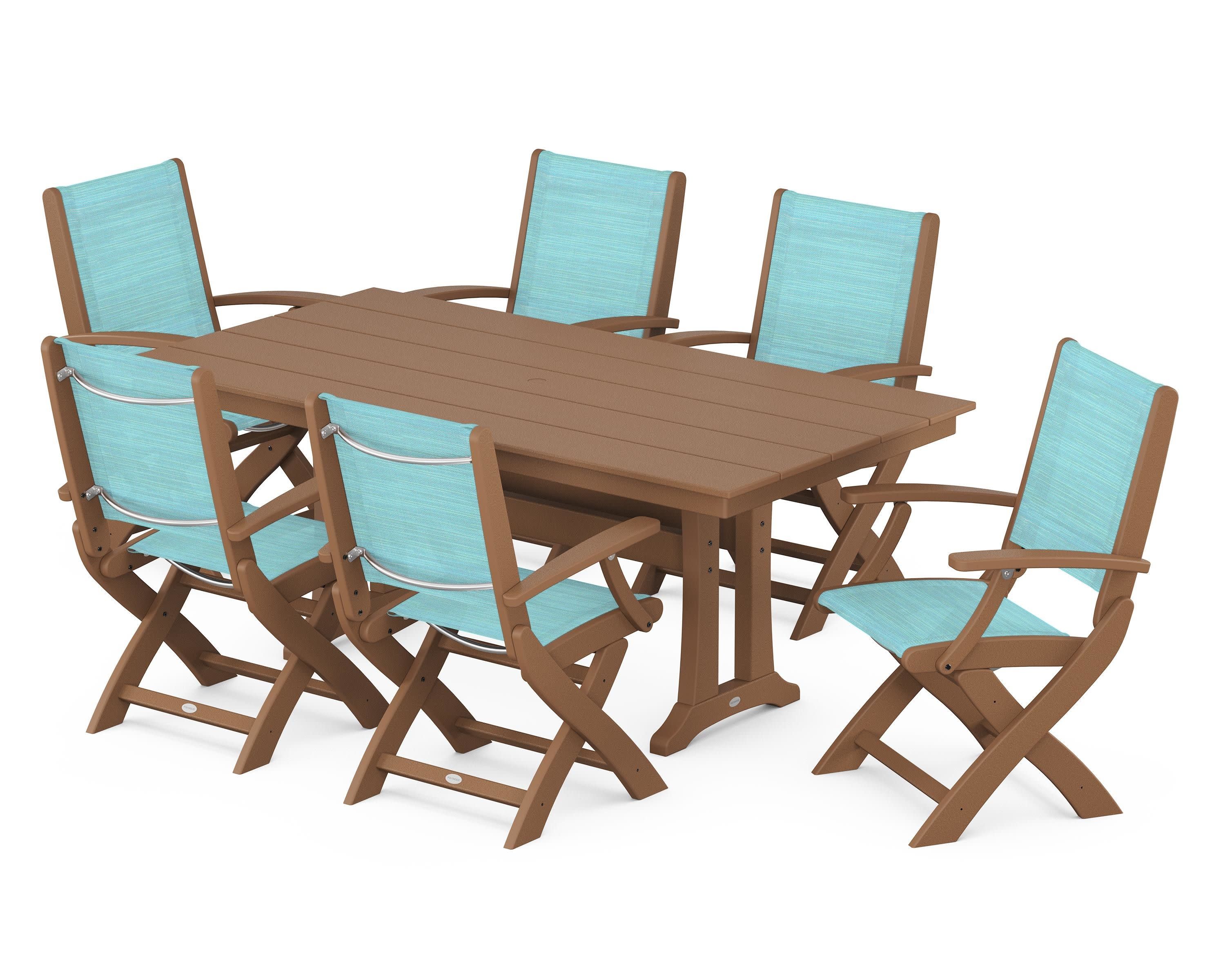 Coastal Folding Arm Chair 7-Piece Farmhouse Dining Set with Trestle Legs in Teak / Dupioni Aquamarine Sling