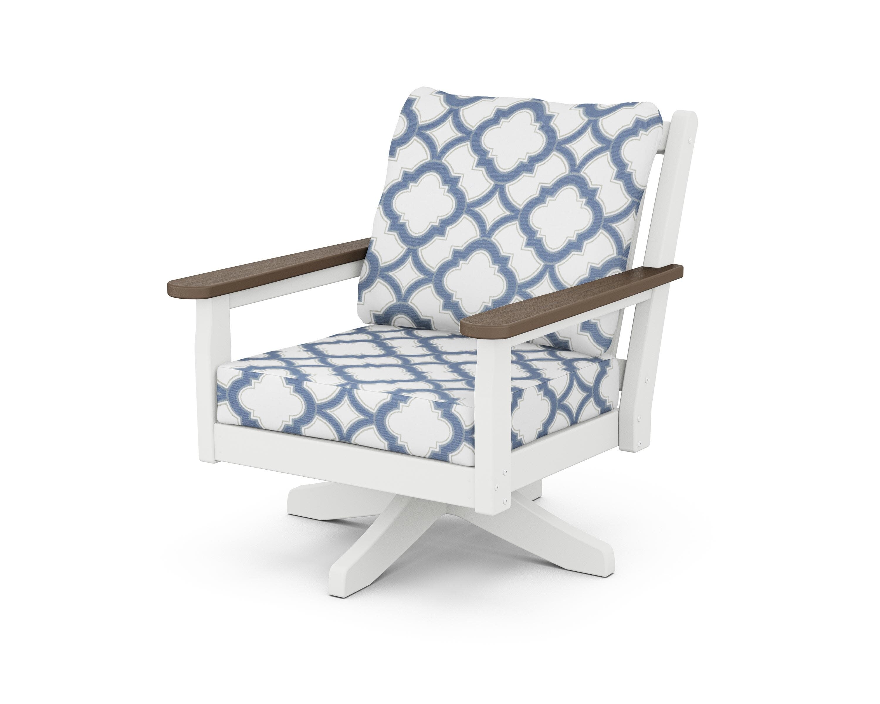 Chippendale Deep Seating Swivel Chair in White / Kona / Trellis Sky Blue