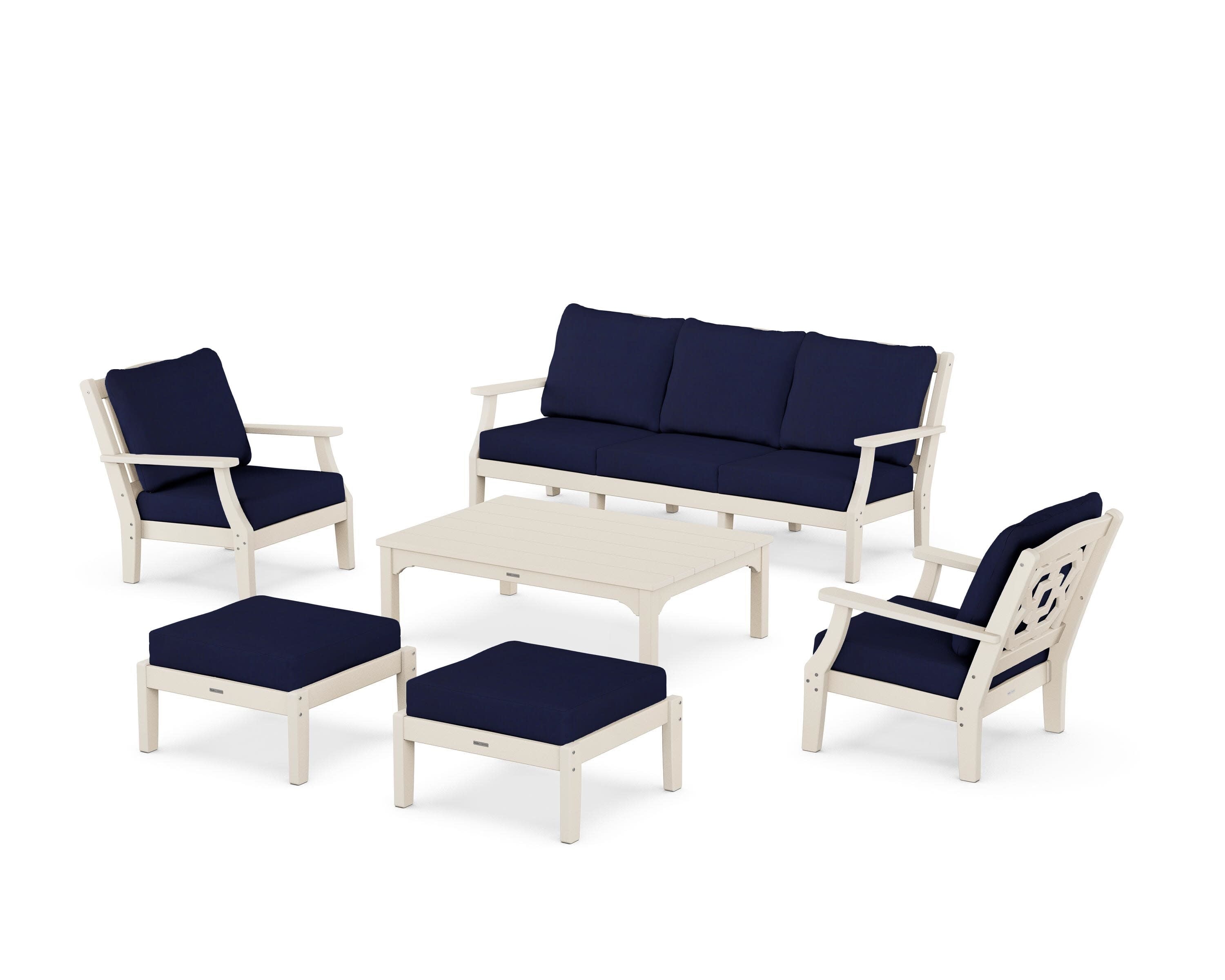 Chinoiserie 6-Piece Lounge Sofa Set in Sand / Navy