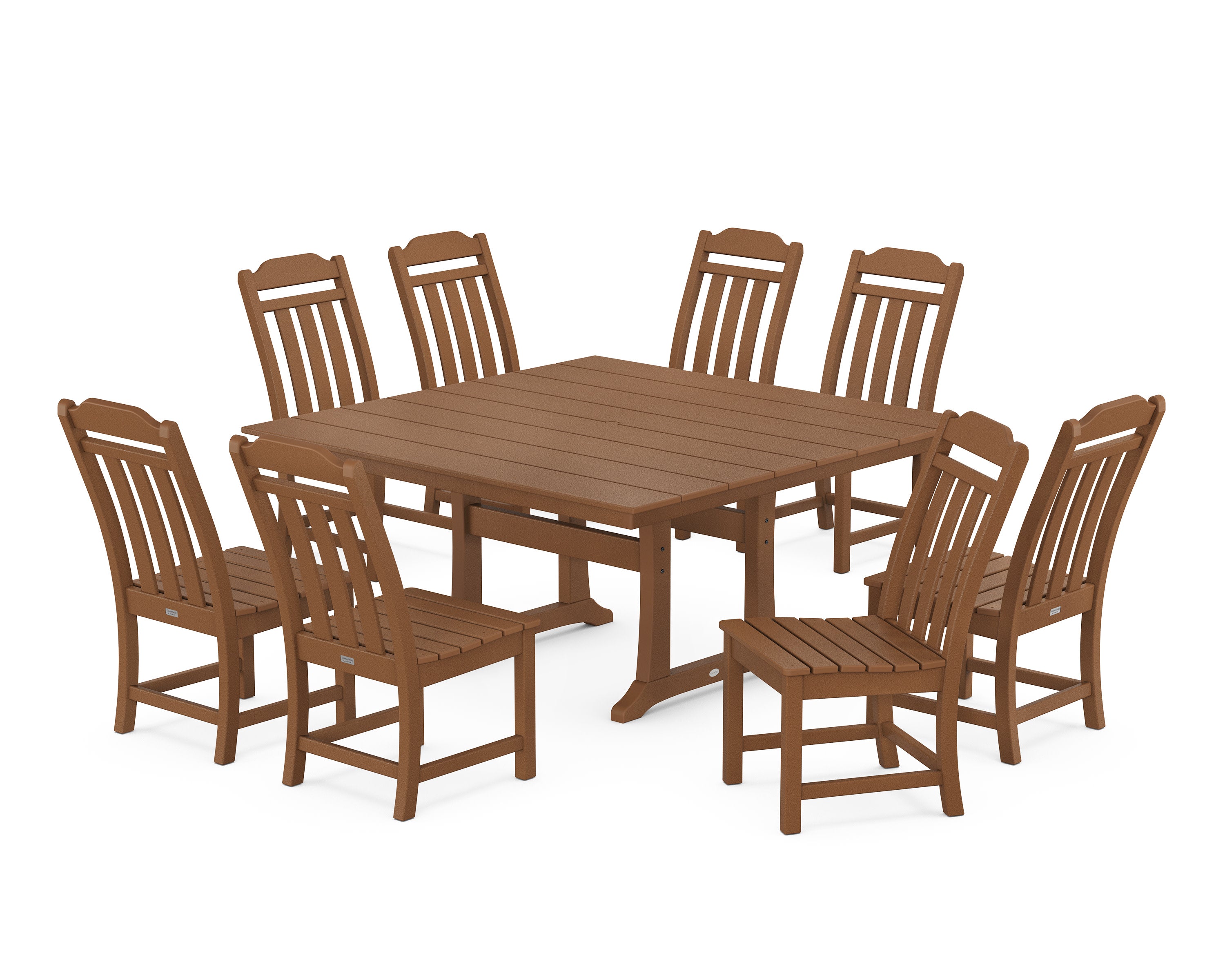 Cottage 9-Piece Square Farmhouse Side Chair Dining Set with Trestle Legs in Teak