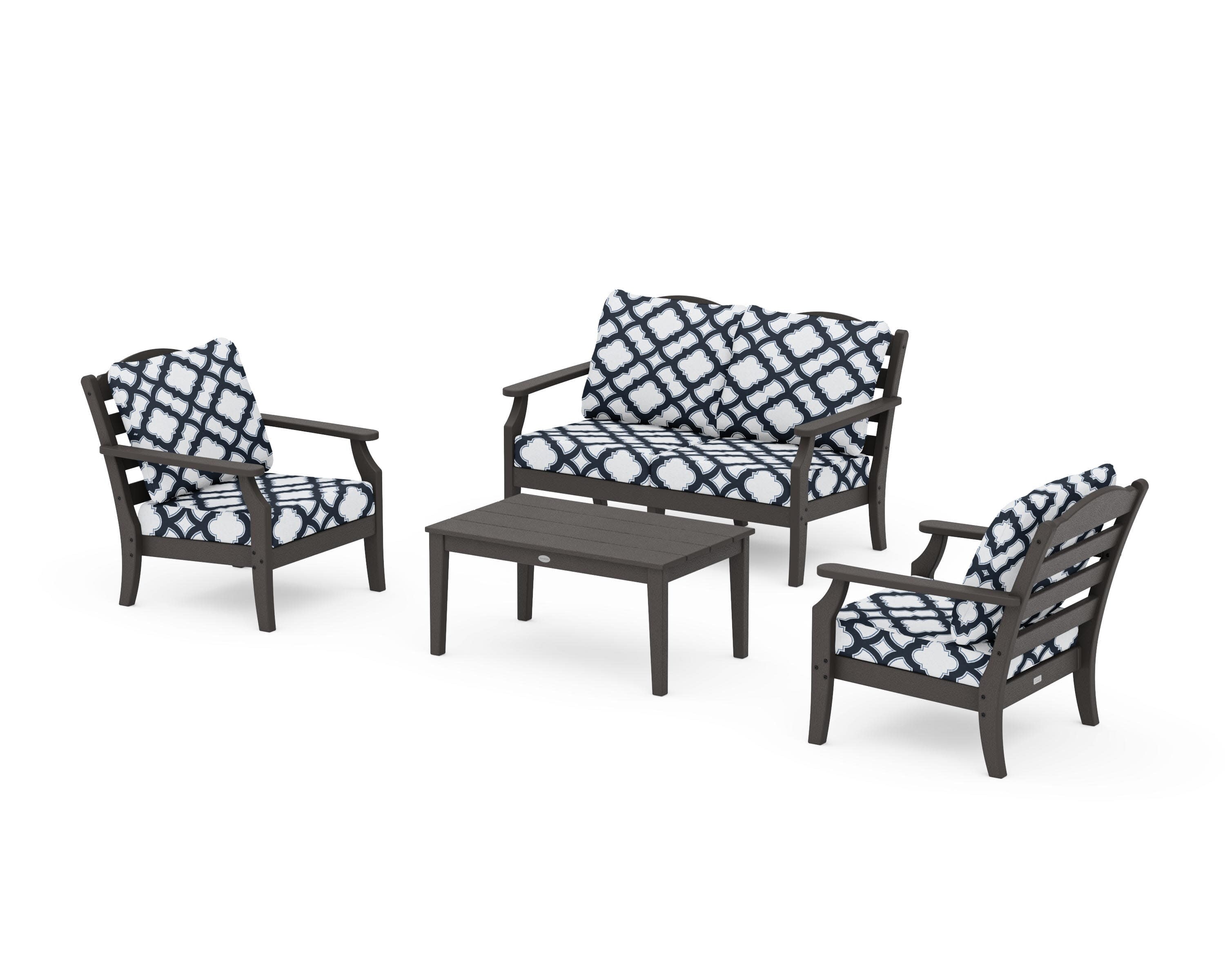 Savannah 4-Piece Deep Seating Set with Loveseat in Vintage Coffee / Trellis Marine Indigo