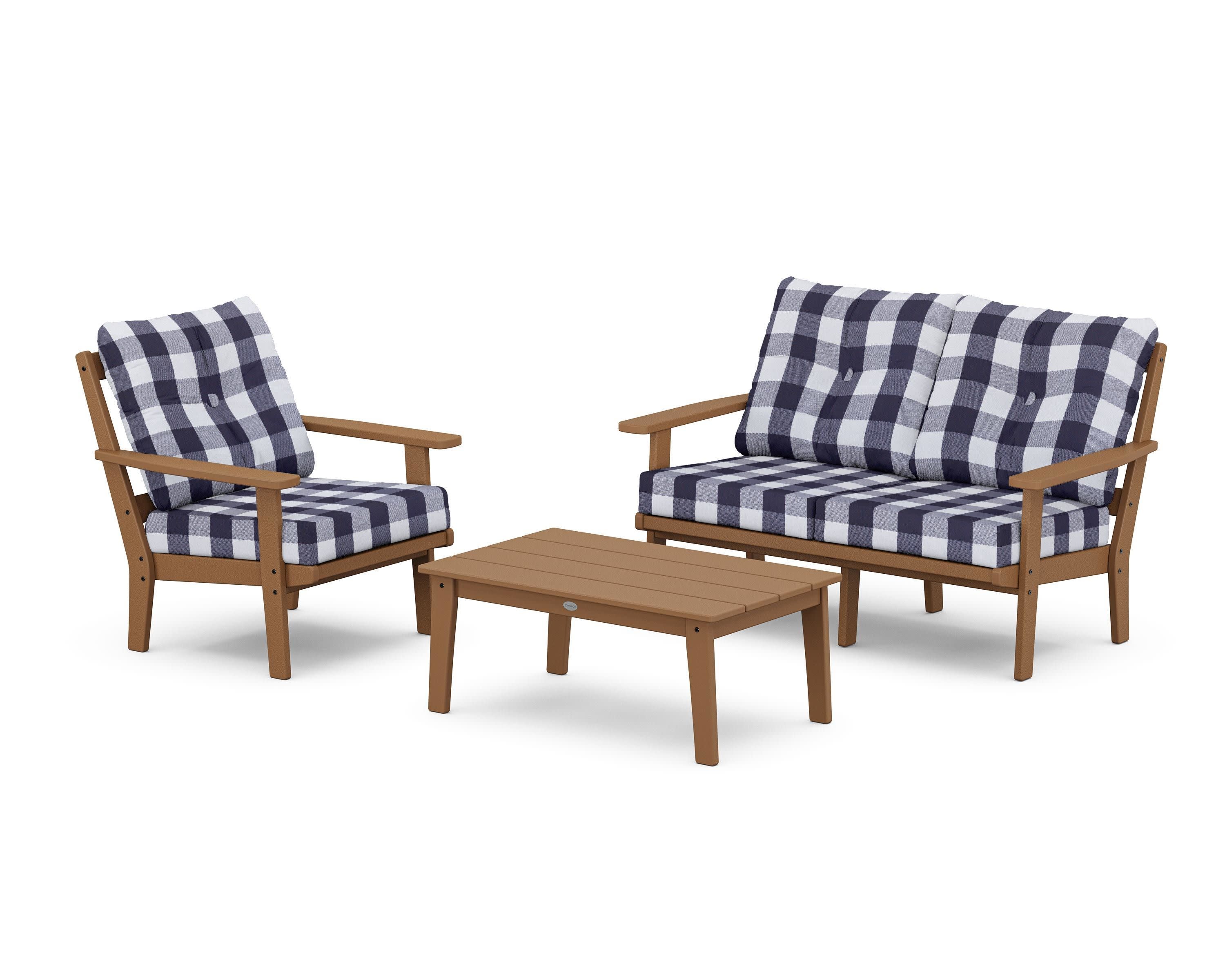 Oxford 3-Piece Deep Seating Set with Loveseat in Teak / Buffalo Plaid Navy