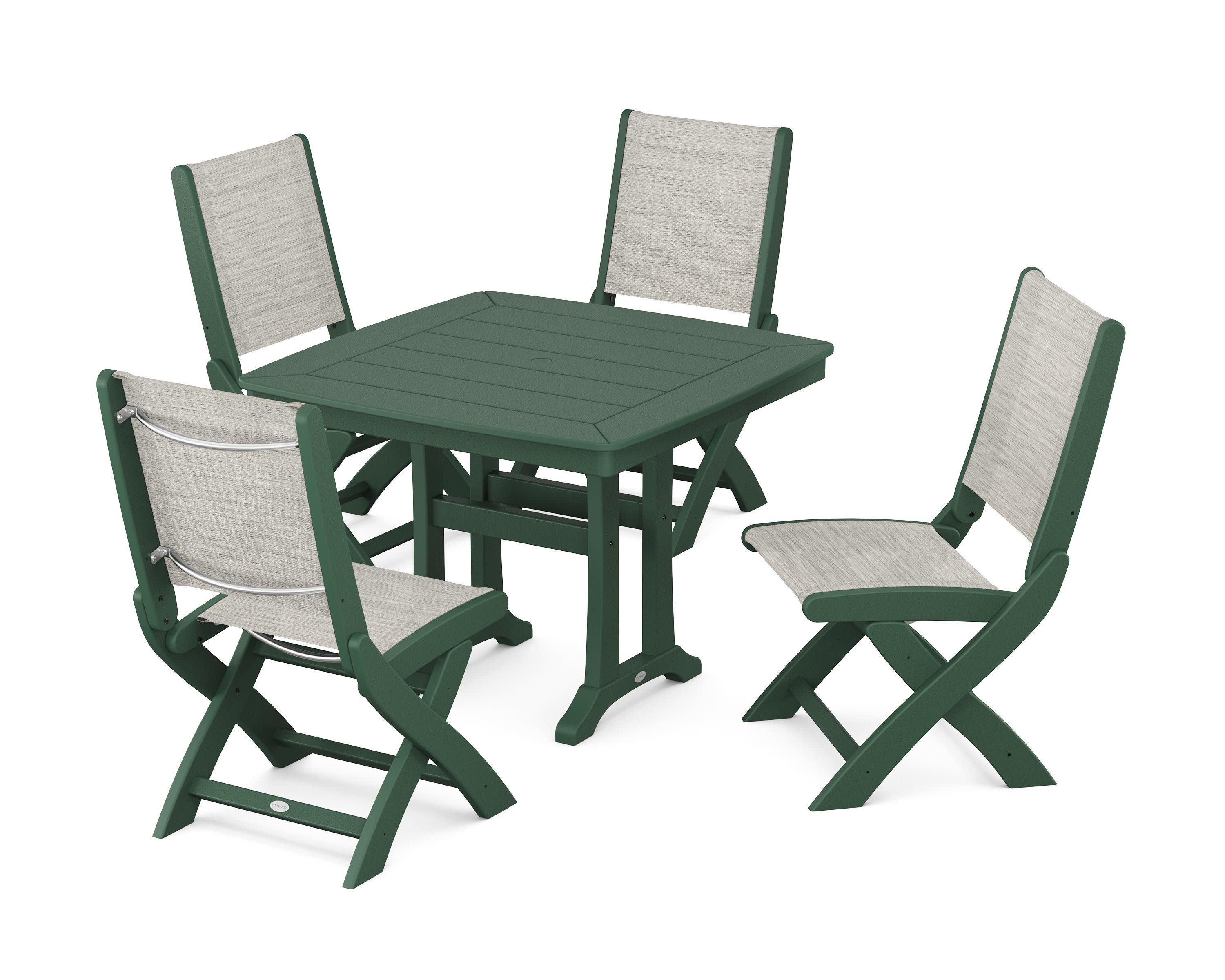 Coastal Folding Side Chair 5-Piece Dining Set with Trestle Legs in Green / Birch Sling