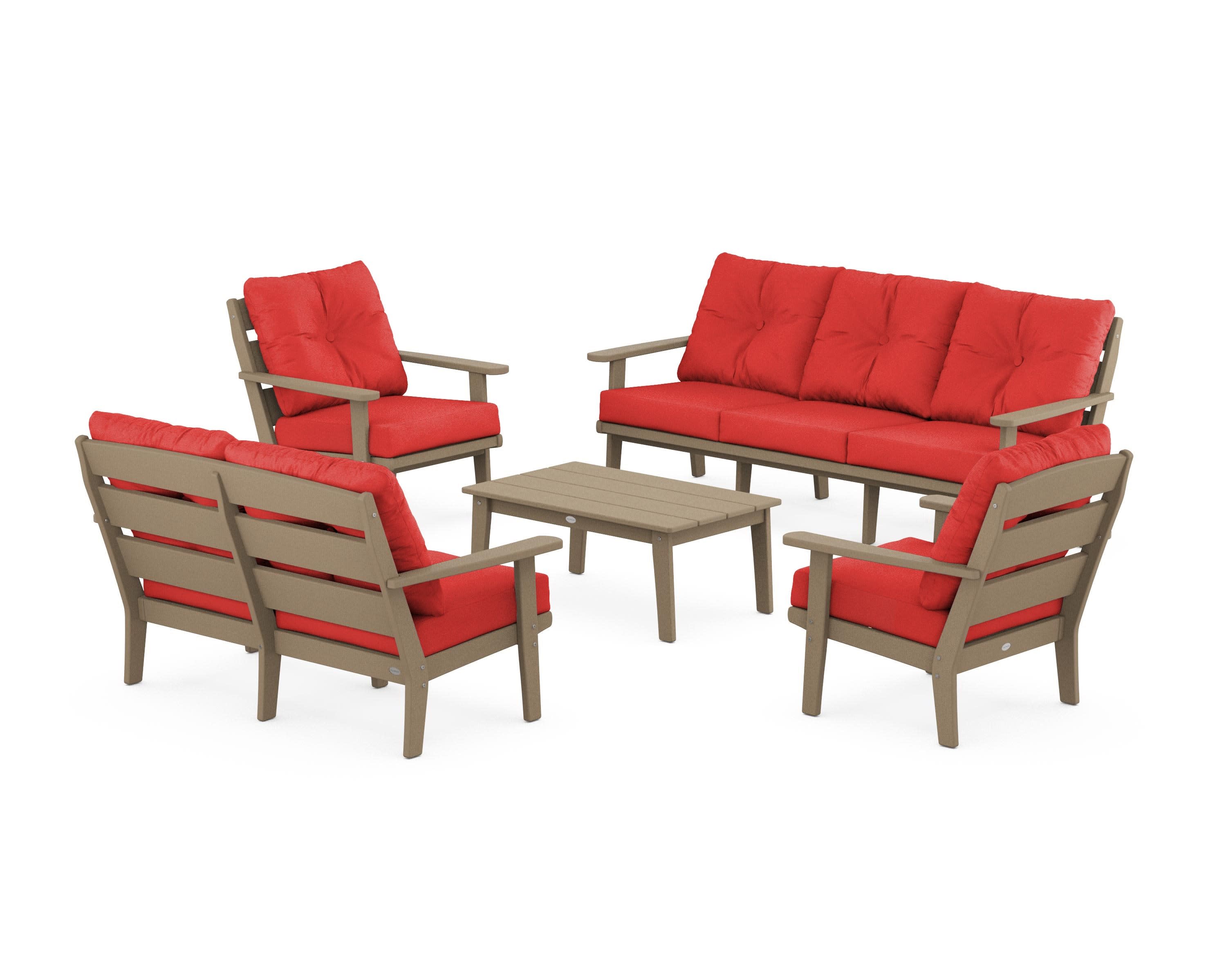 Lakeside 5-Piece Lounge Sofa Set in Vintage Sahara / Crimson Linen