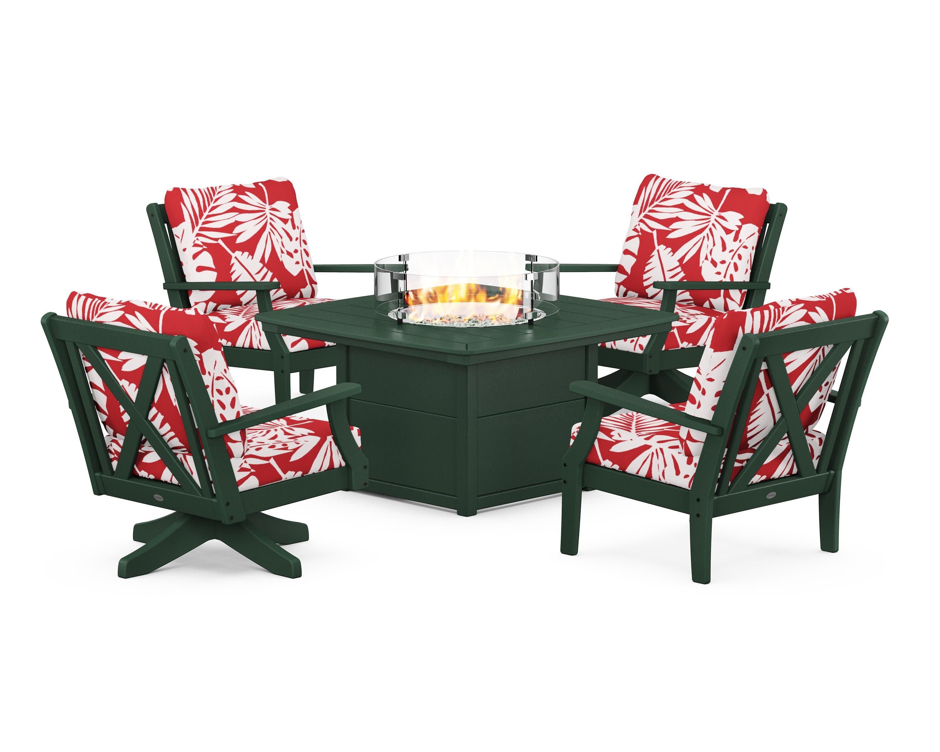 Braxton 5-Piece Deep Seating Set with Fire Table in Green / Leaf Crimson