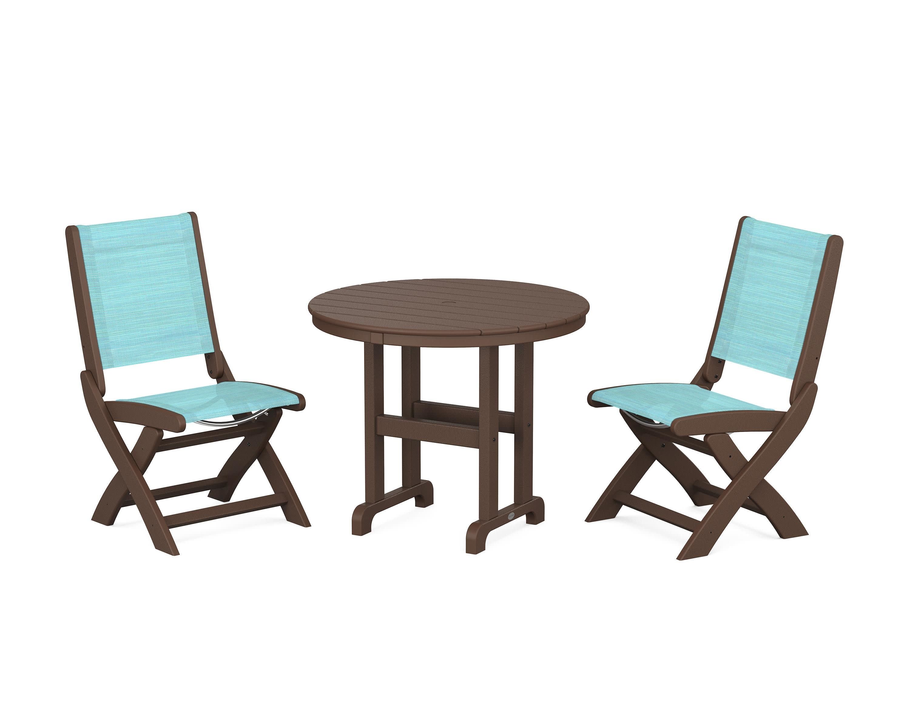 Coastal Folding Side Chair 3-Piece Round Dining Set in Mahogany / Dupioni Aquamarine Sling