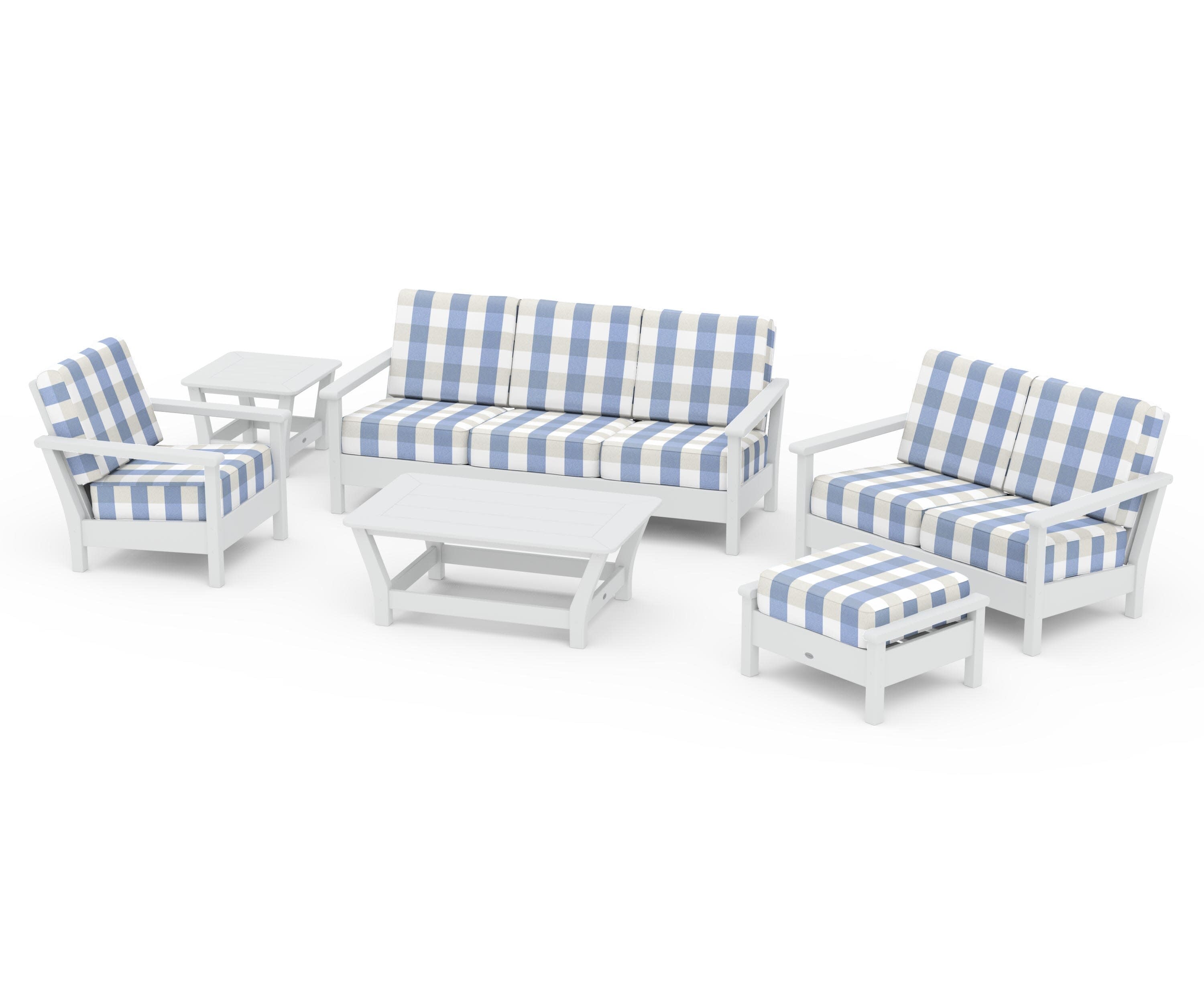 Harbour 6-Piece Outdoor Living Set in White / Buffalo Plaid Sky Blue