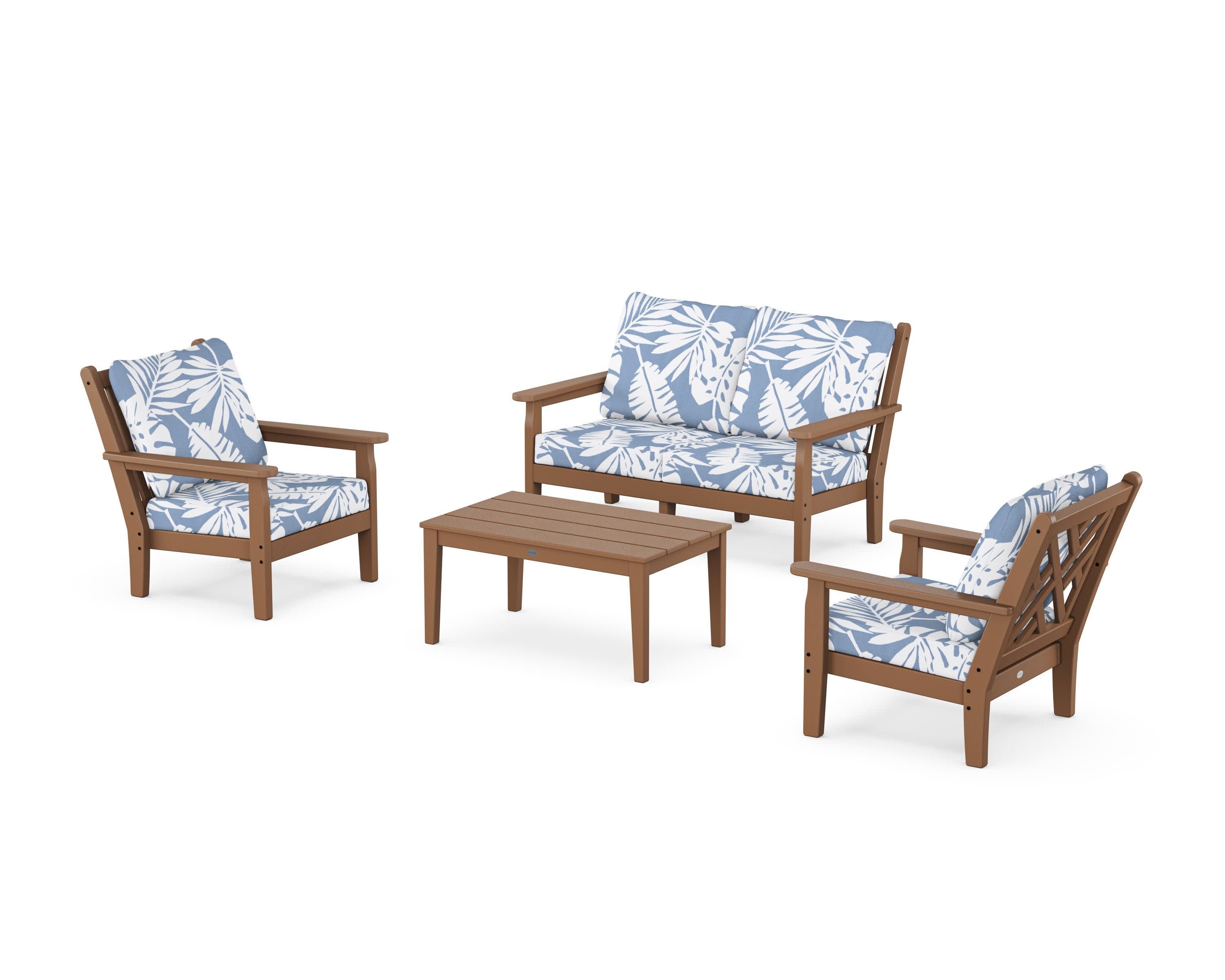 Chippendale 4-Piece Deep Seating Set with Loveseat in Teak / Leaf Sky Blue