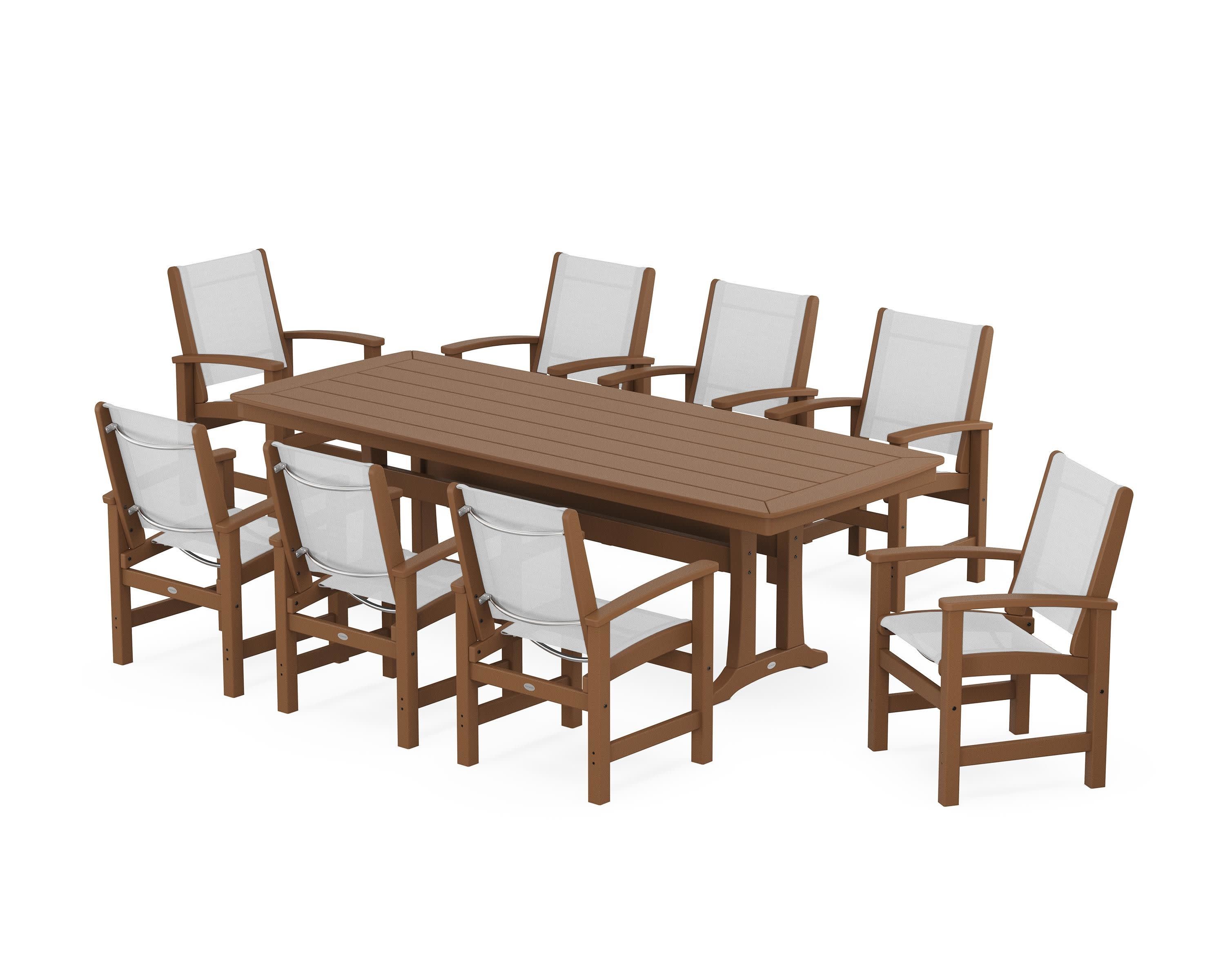 Coastal 9-Piece Dining Set with Trestle Legs in Teak / White Sling