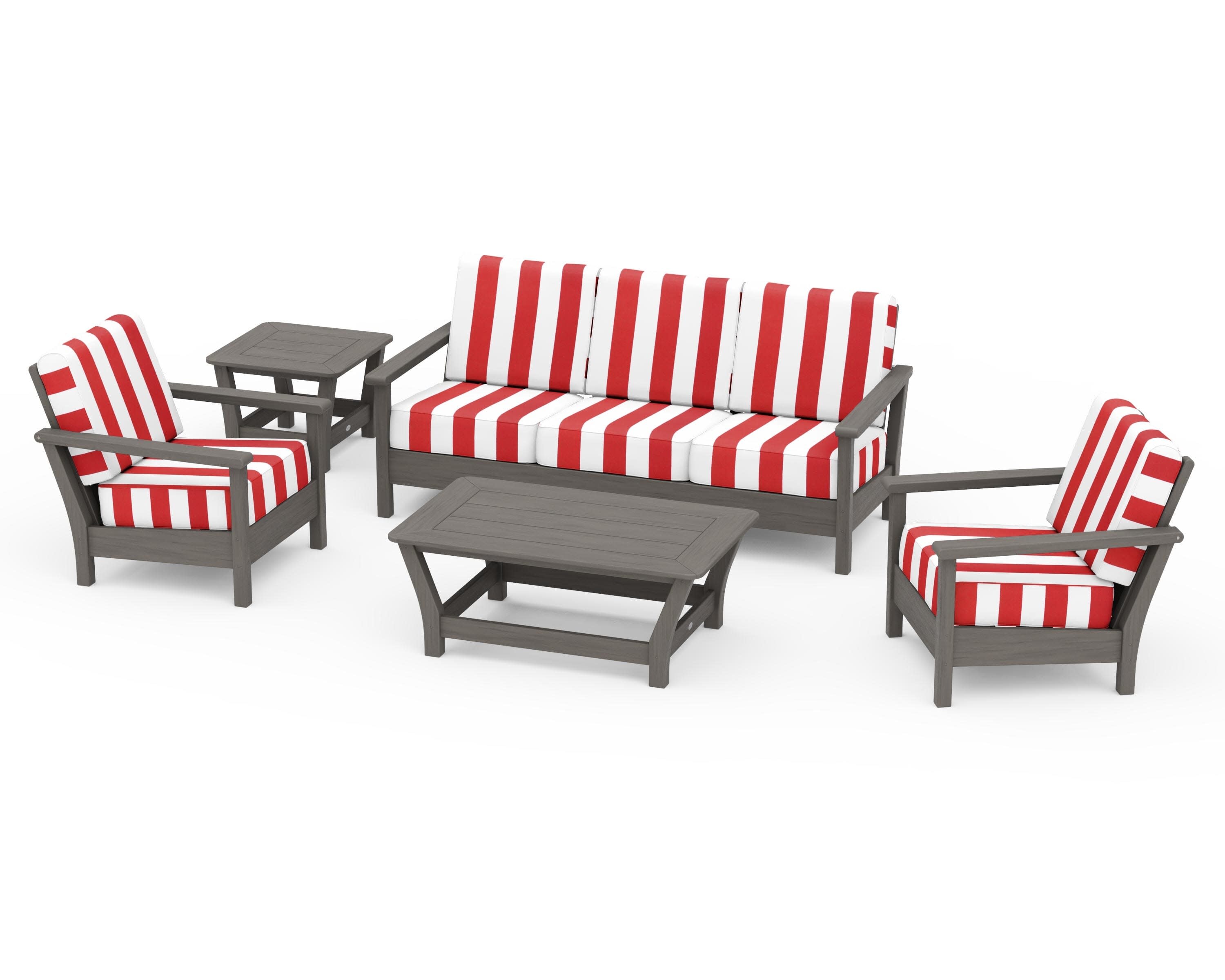 Harbour 5-Piece Deep Seating Set in Driftwood / Cabana Stripe Crimson