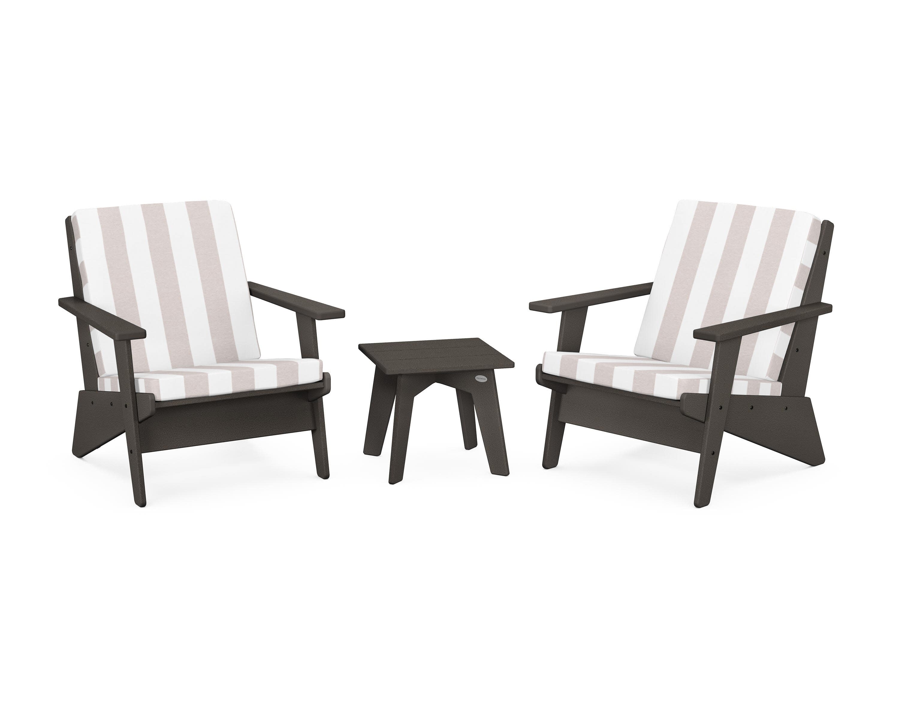 Riviera Modern Lounge 3-Piece Set in Vintage Coffee / Cabana Stripe Dune Burlap