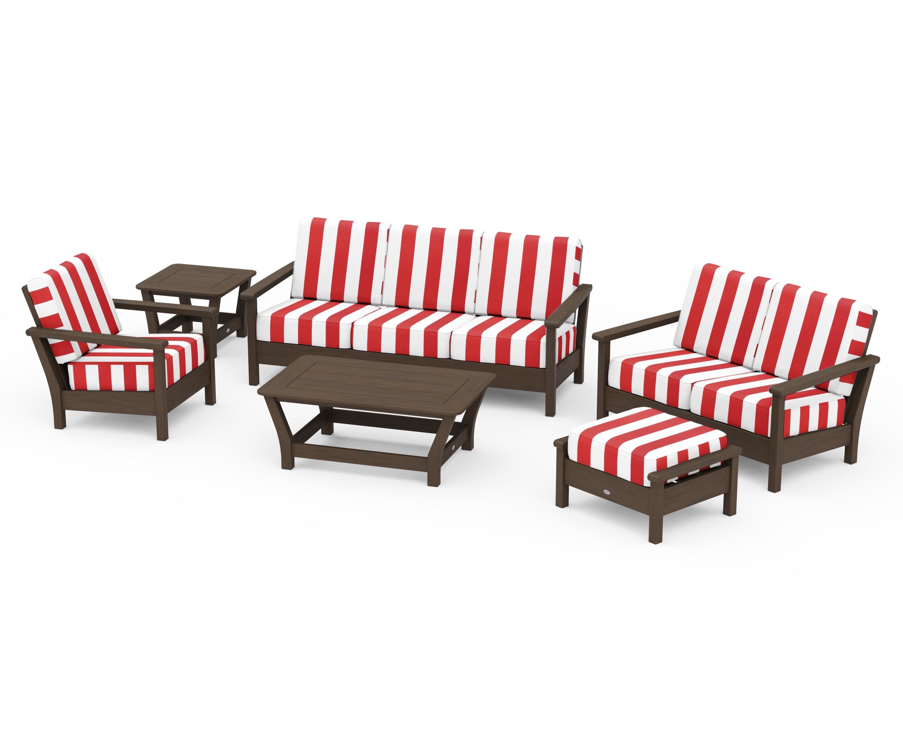 Harbour 6-Piece Outdoor Living Set in Kona / Cabana Stripe Crimson