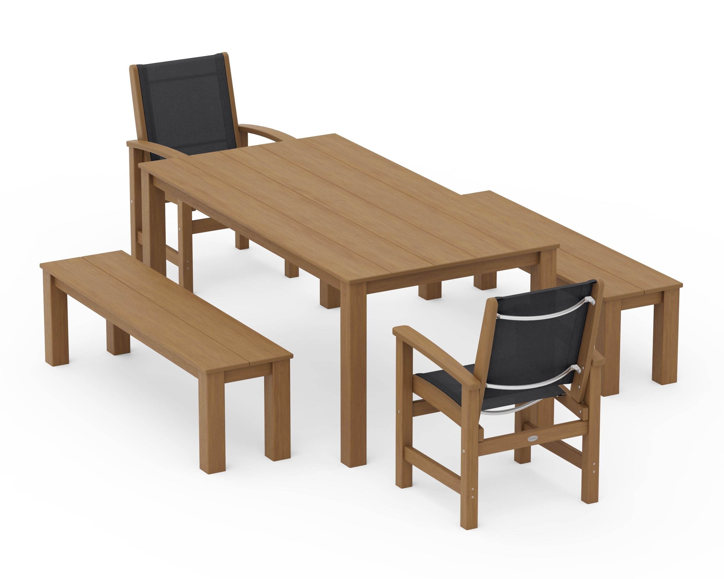 Coastal 5-Piece Parsons Dining Set with Benches in Natural / Black Sling