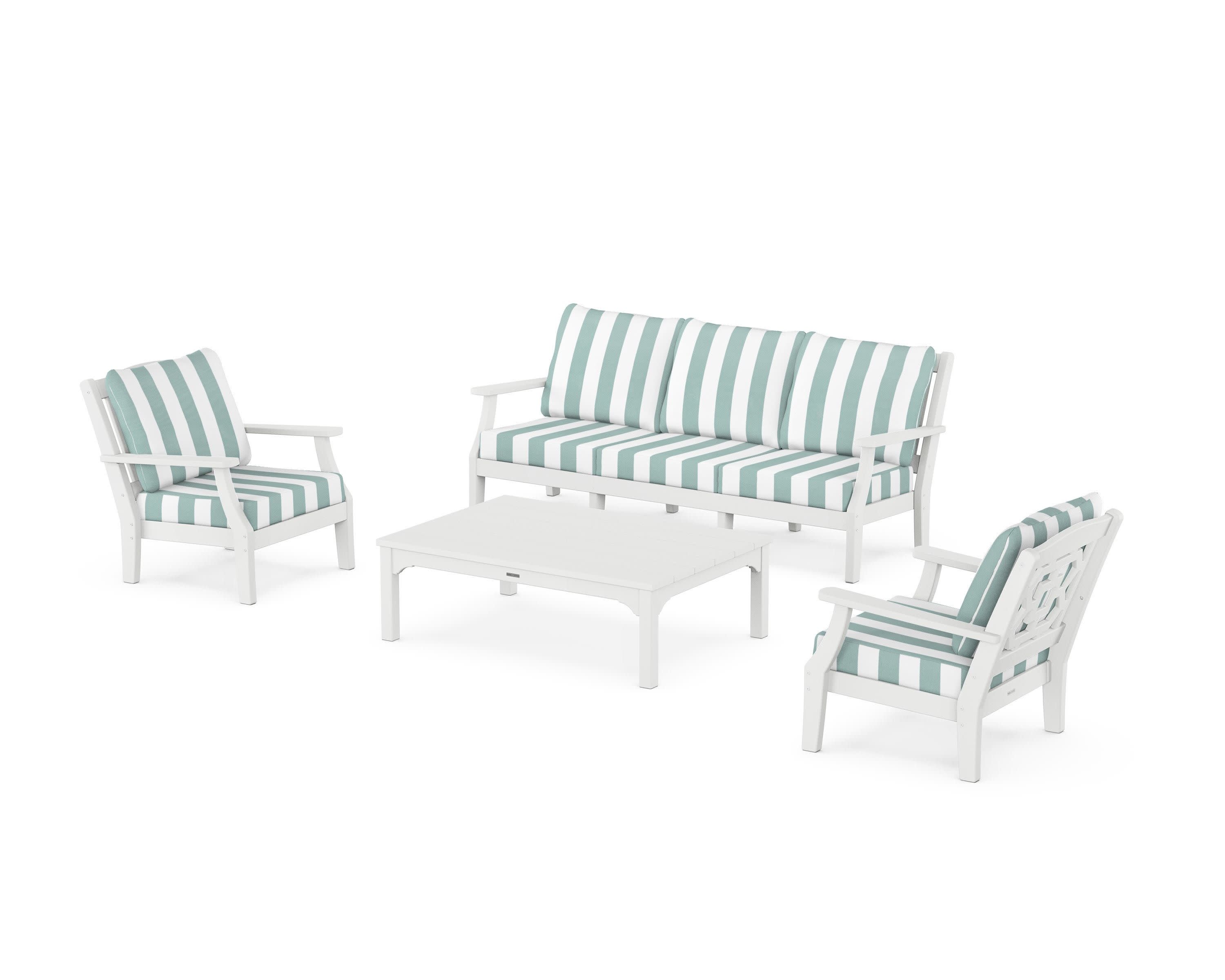 Chinoiserie 4-Piece Deep Seating Set with Sofa in White / Cabana Stripe Glacier Spa