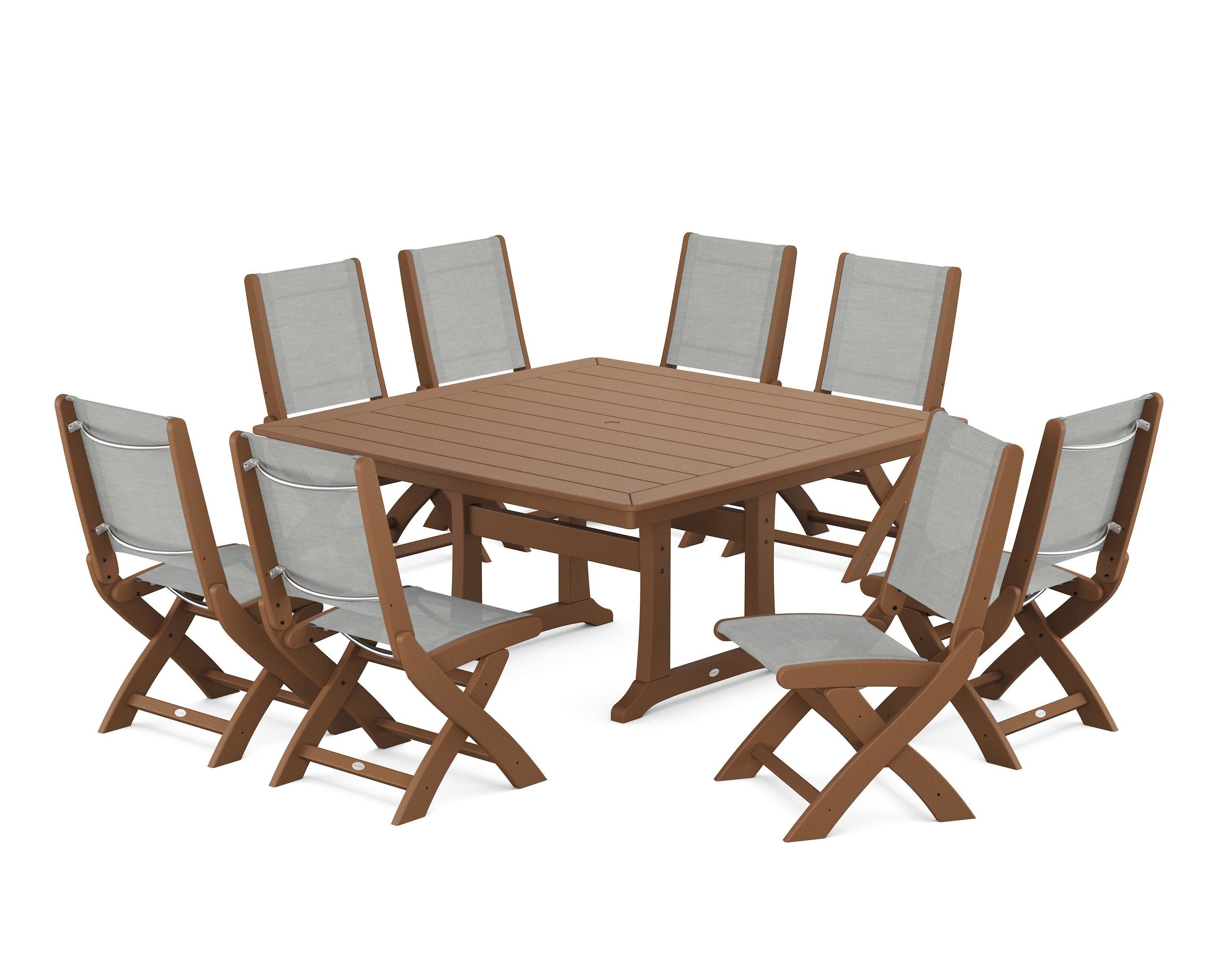 Coastal Folding Side Chair 9-Piece Dining Set with Trestle Legs in Teak / Metallic Sling