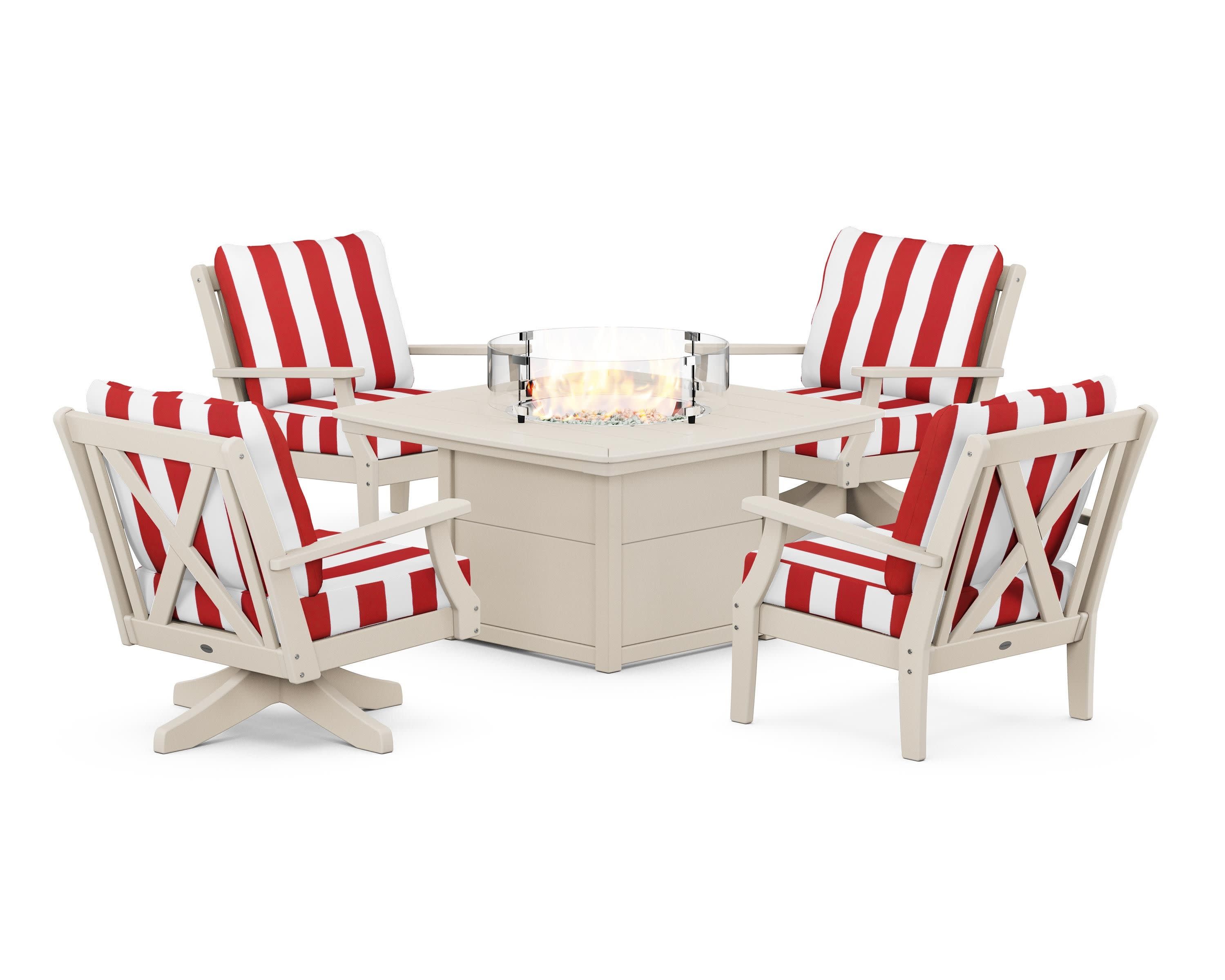 Braxton 5-Piece Deep Seating Set with Fire Table in Sand / Cabana Stripe Crimson