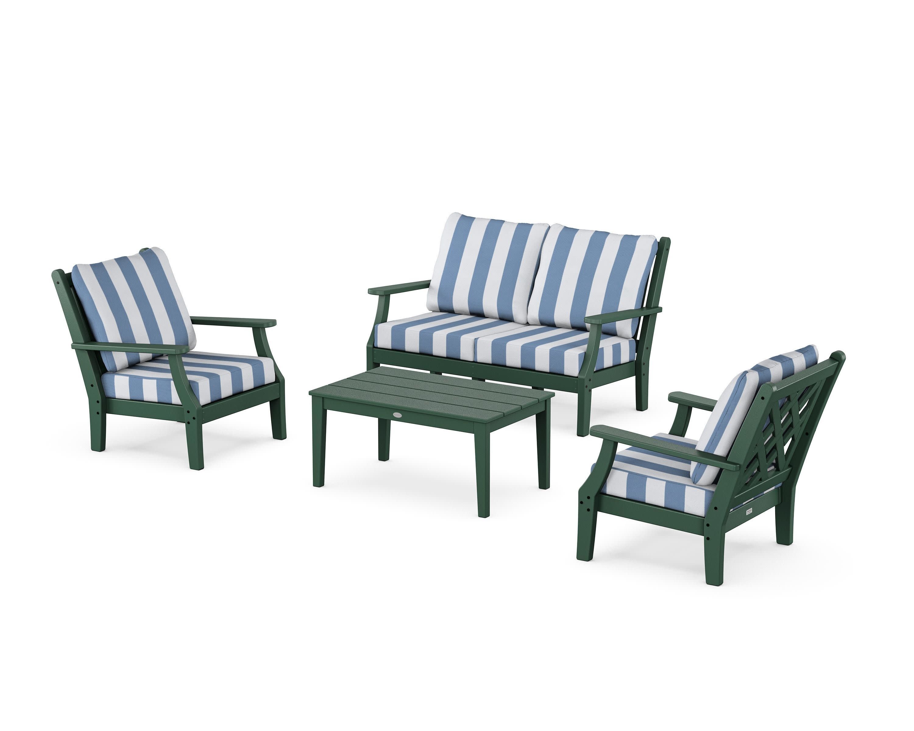 Wovendale 4-Piece Deep Seating Set with Loveseat in Green / Cabana Stripe Sky Blue