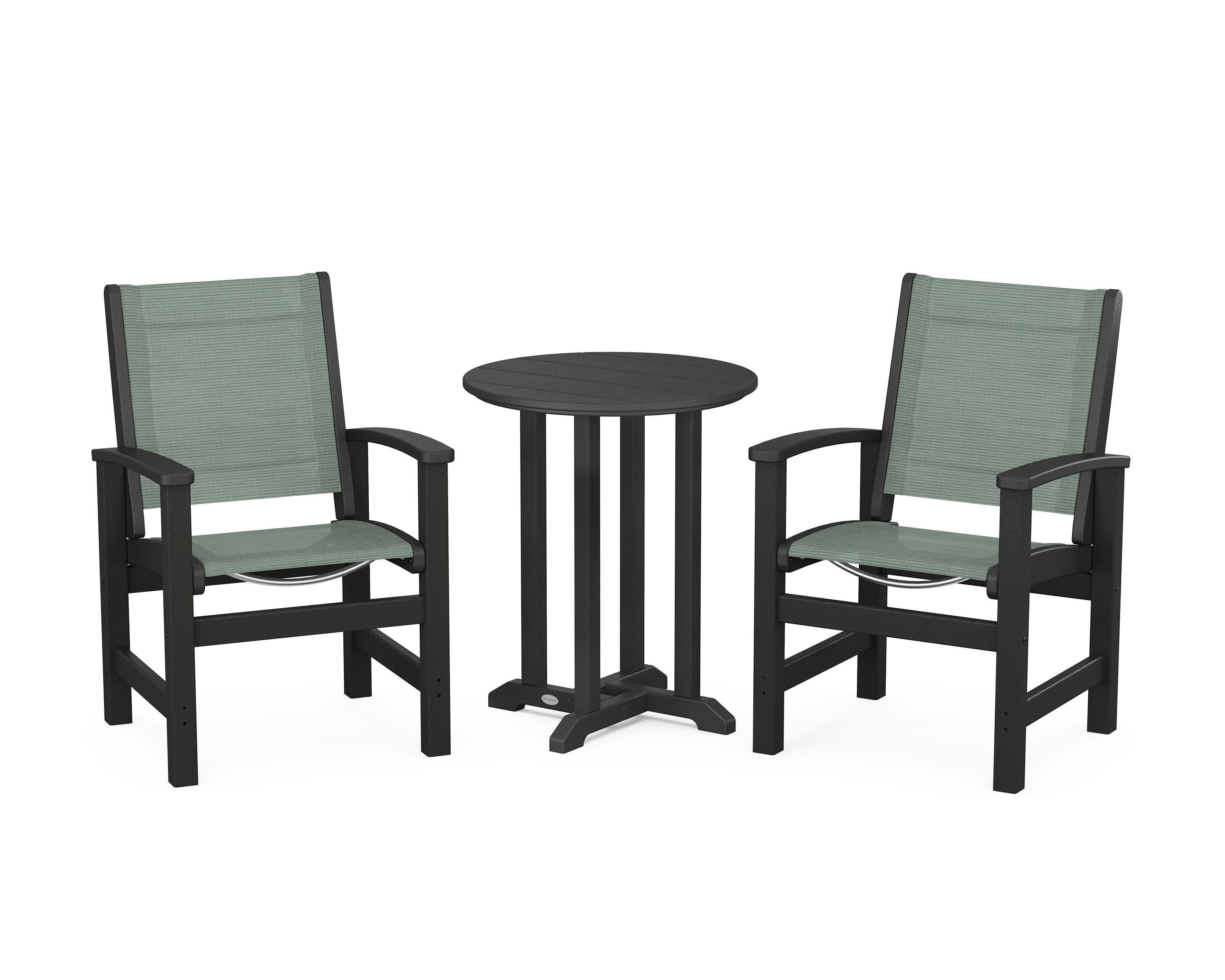 Coastal 3-Piece Round Bistro Dining Set in Black / Dupioni Sea Mist Sling