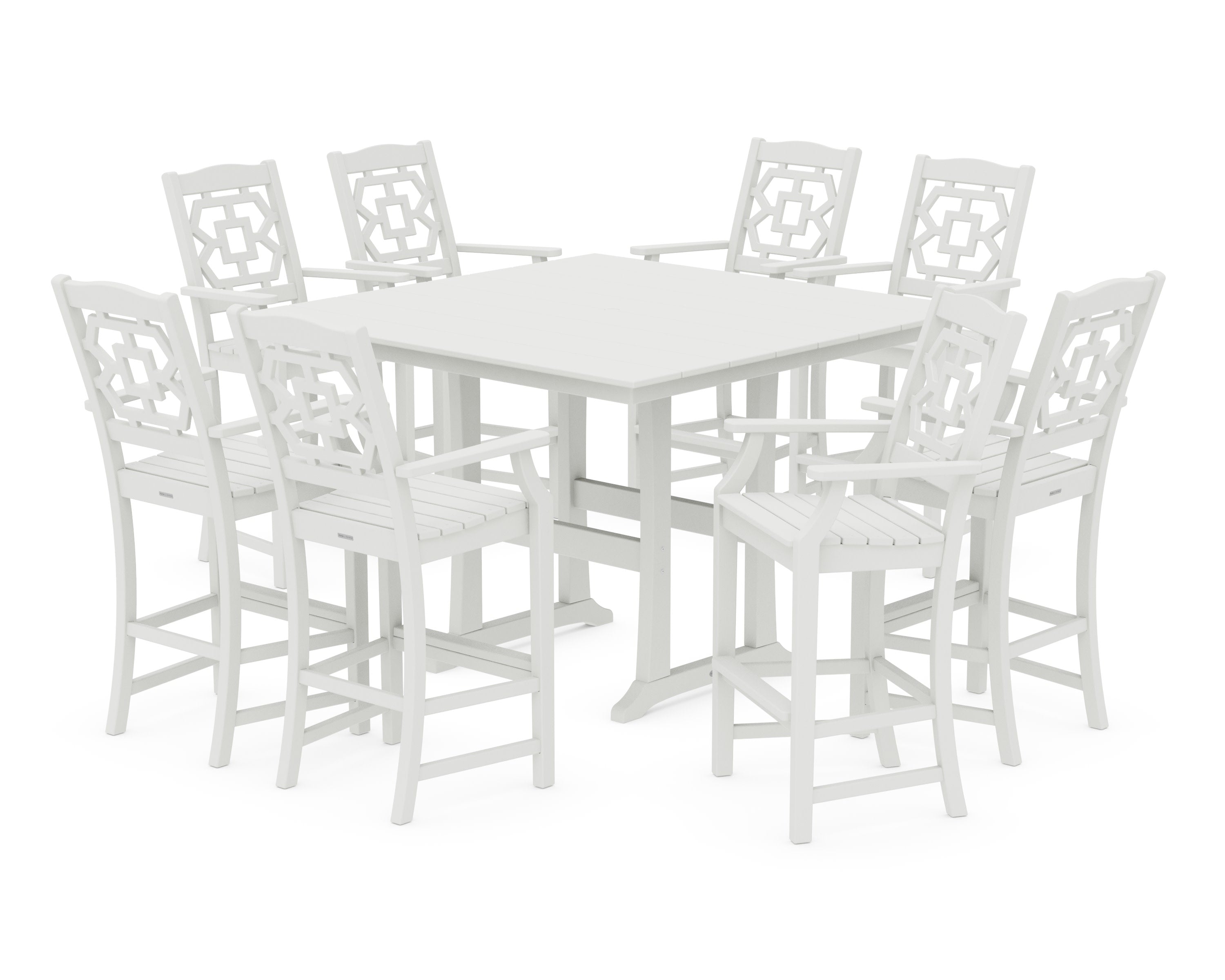 Chinoiserie 9-Piece Square Farmhouse Bar Set with Trestle Legs in Vintage White