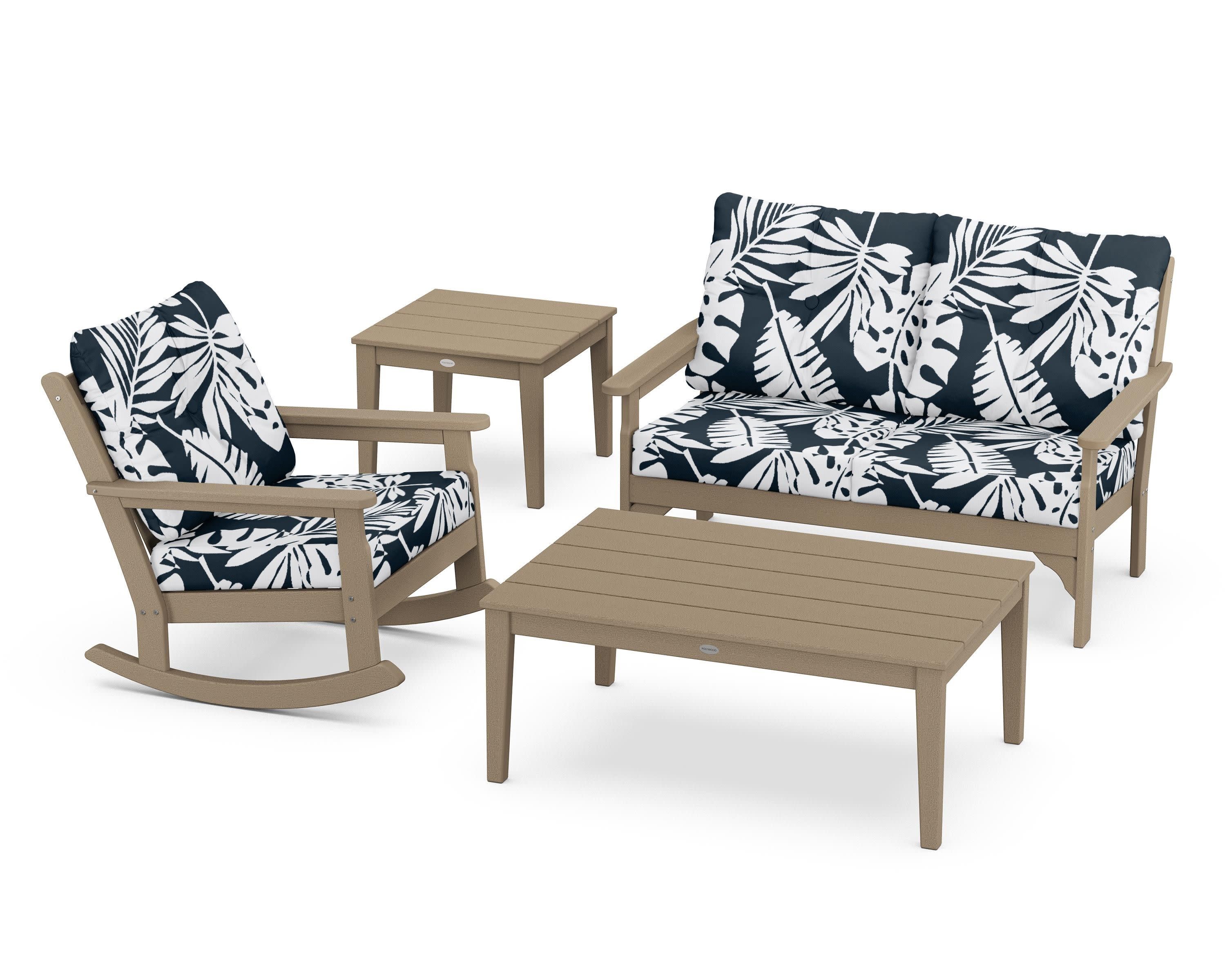 Vineyard 4-Piece Deep Seating Rocker Set in Vintage Sahara / Leaf Marine Indigo