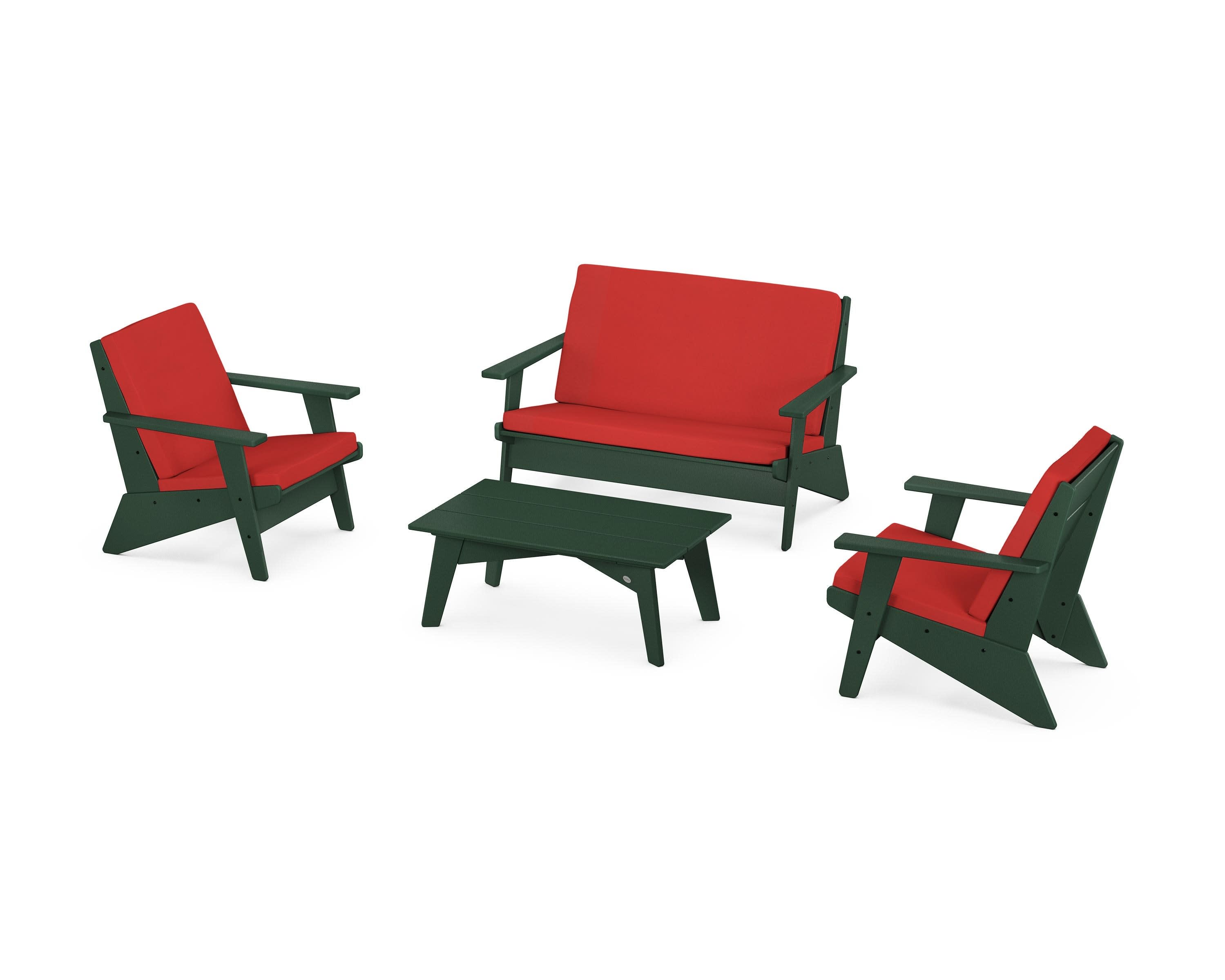 Riviera Modern Lounge 4-Piece Set in Green / Crimson Linen
