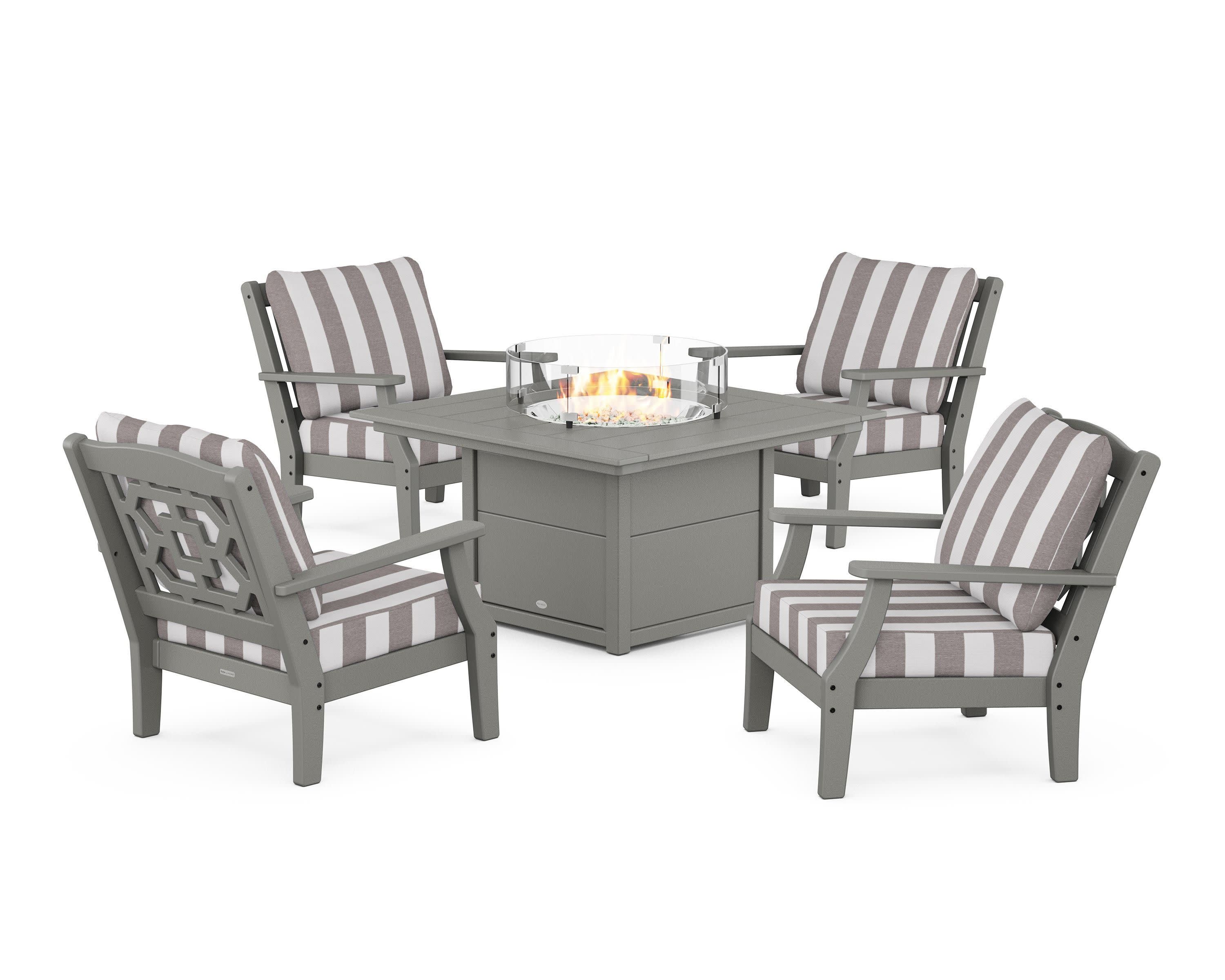 Chinoiserie 5-Piece Deep Seating Set with Fire Pit Table in Slate Grey / Cabana Stripe Grey Mist