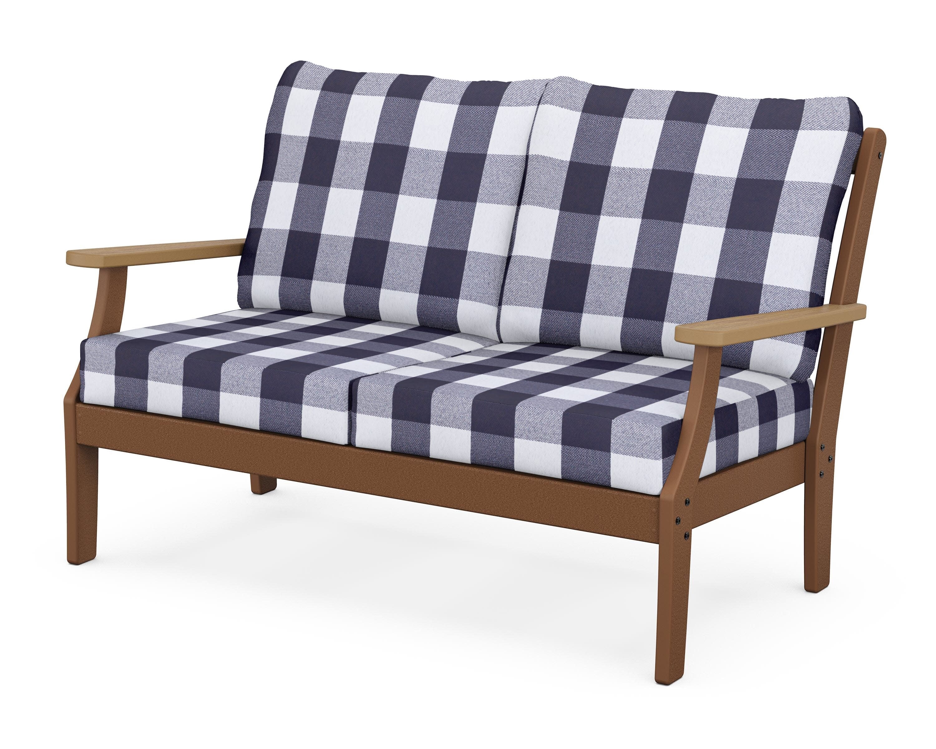 Braxton Deep Seating Loveseat in Teak / Natural / Buffalo Plaid Navy