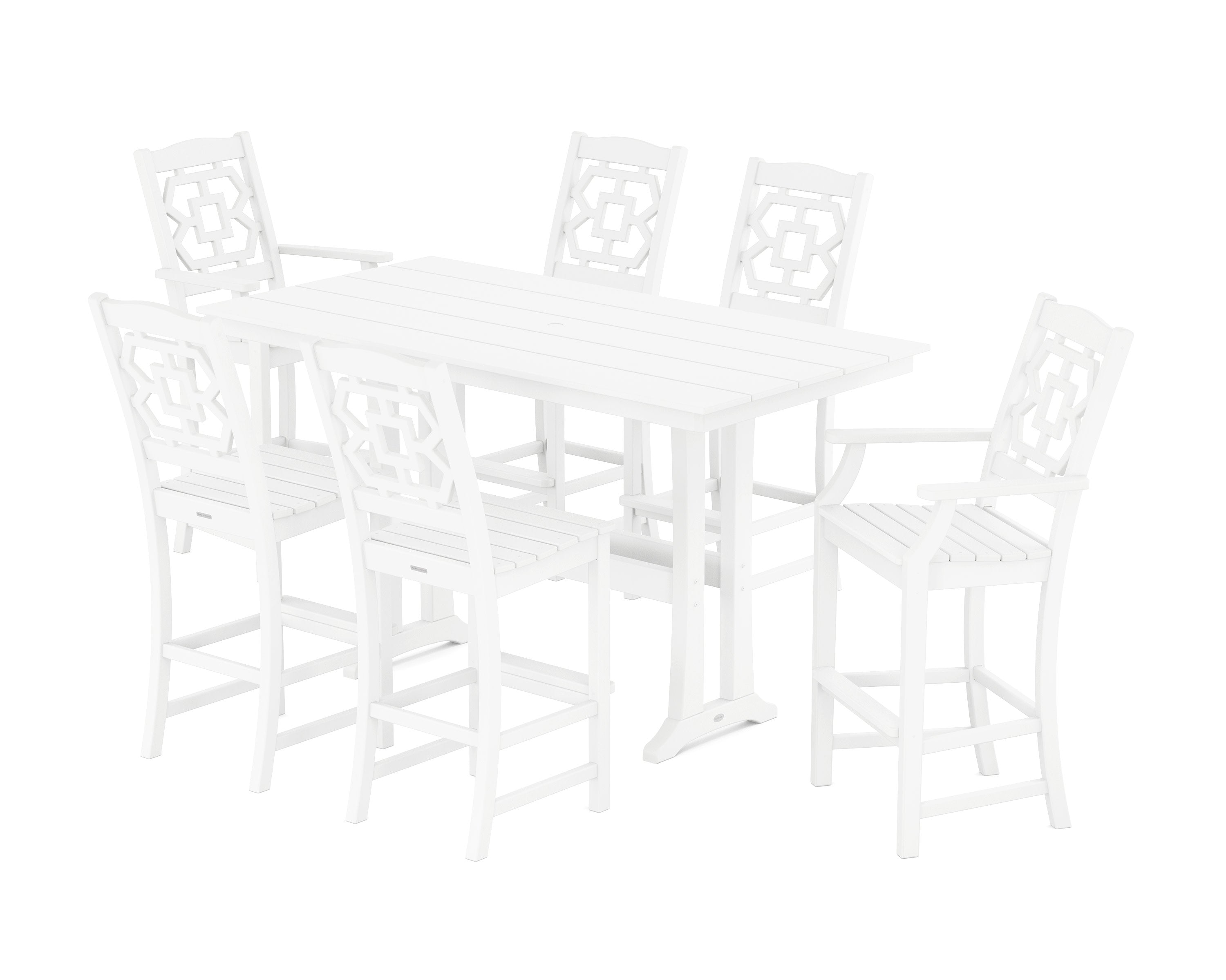 Chinoiserie 7-Piece Farmhouse Bar Set with Trestle Legs in White