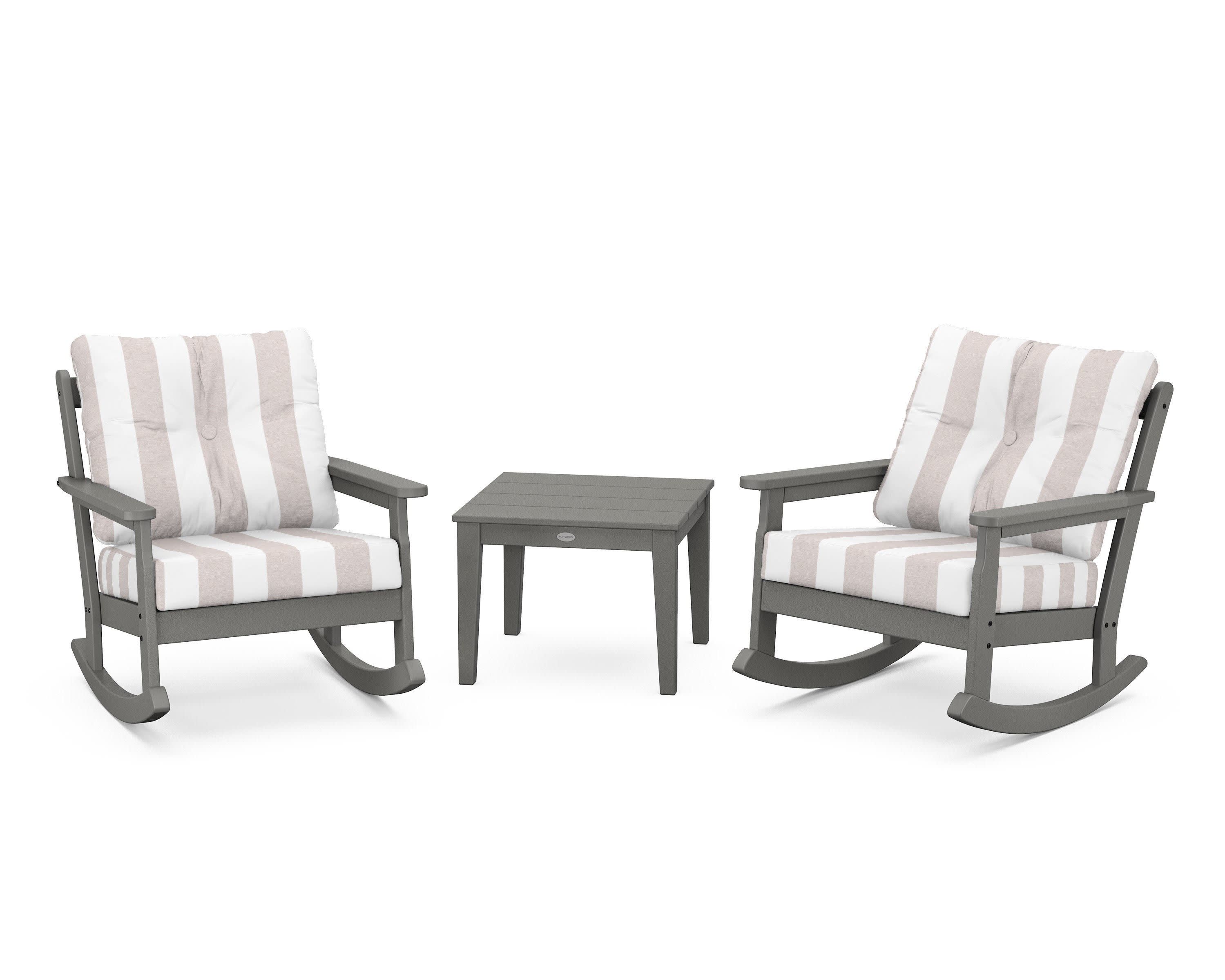 Vineyard 3-Piece Deep Seating Rocker Set in Slate Grey / Cabana Stripe Dune Burlap