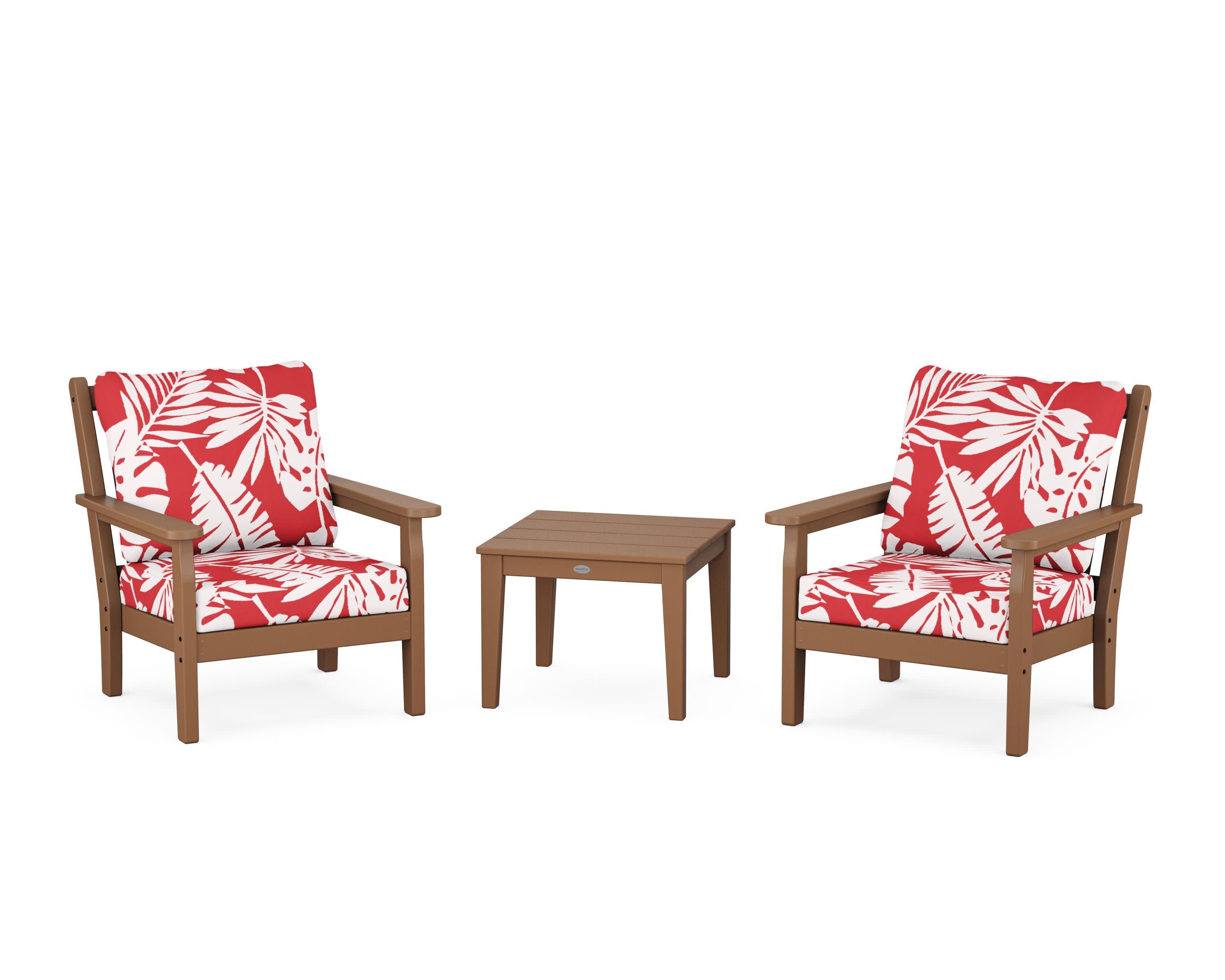Chippendale 3-Piece Deep Seating Set in Teak / Leaf Crimson