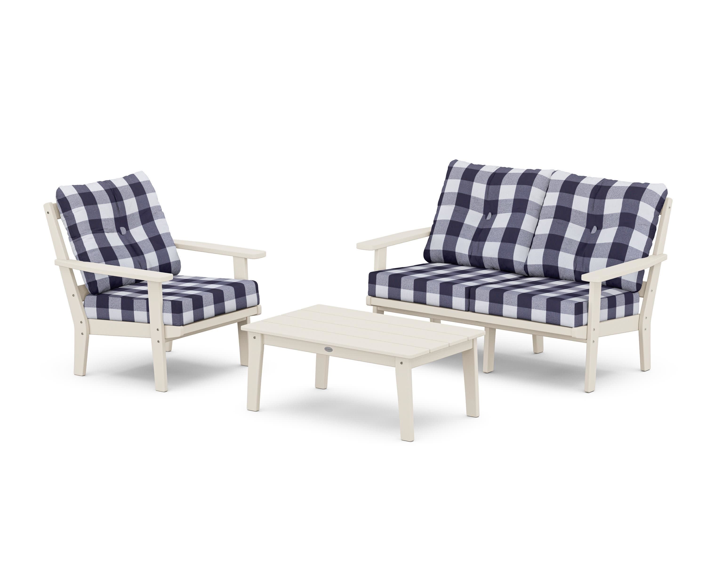 Prairie 3-Piece Deep Seating Set with Loveseat in Sand / Buffalo Plaid Navy