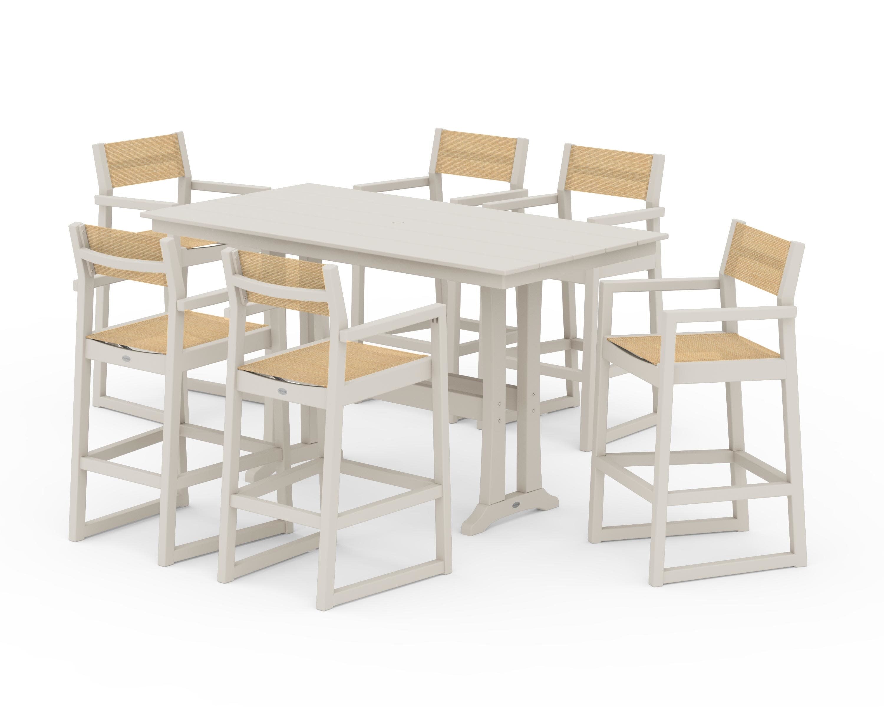 EDGE Sling Arm Chair 7-Piece Farmhouse Bar Set with Trestle Legs in Sand / Dupioni Apricot Sling