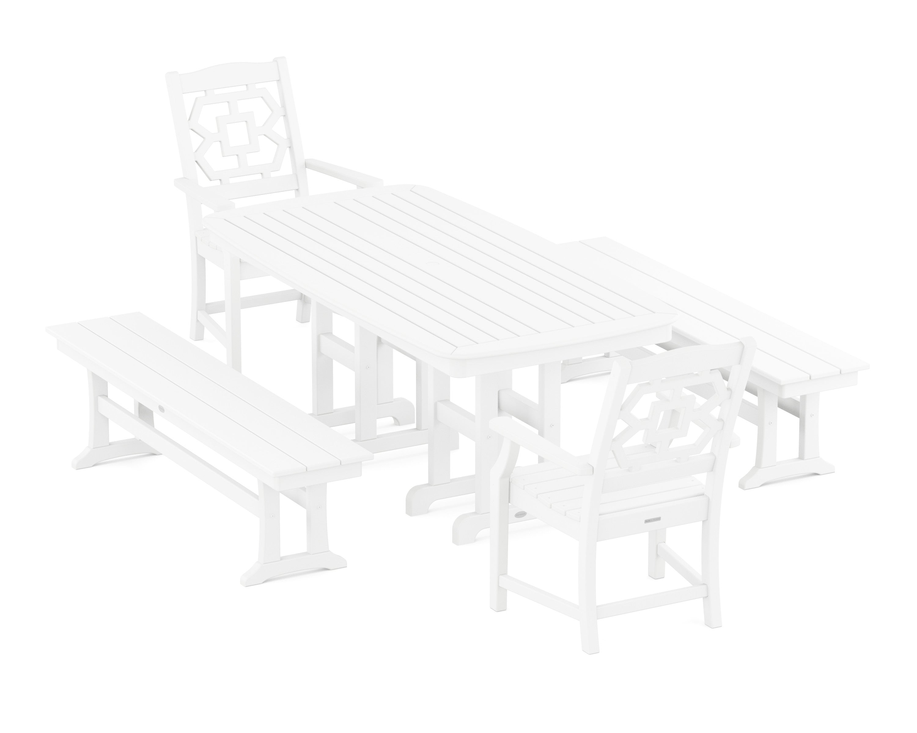 Chinoiserie 5-Piece Dining Set with Benches in White
