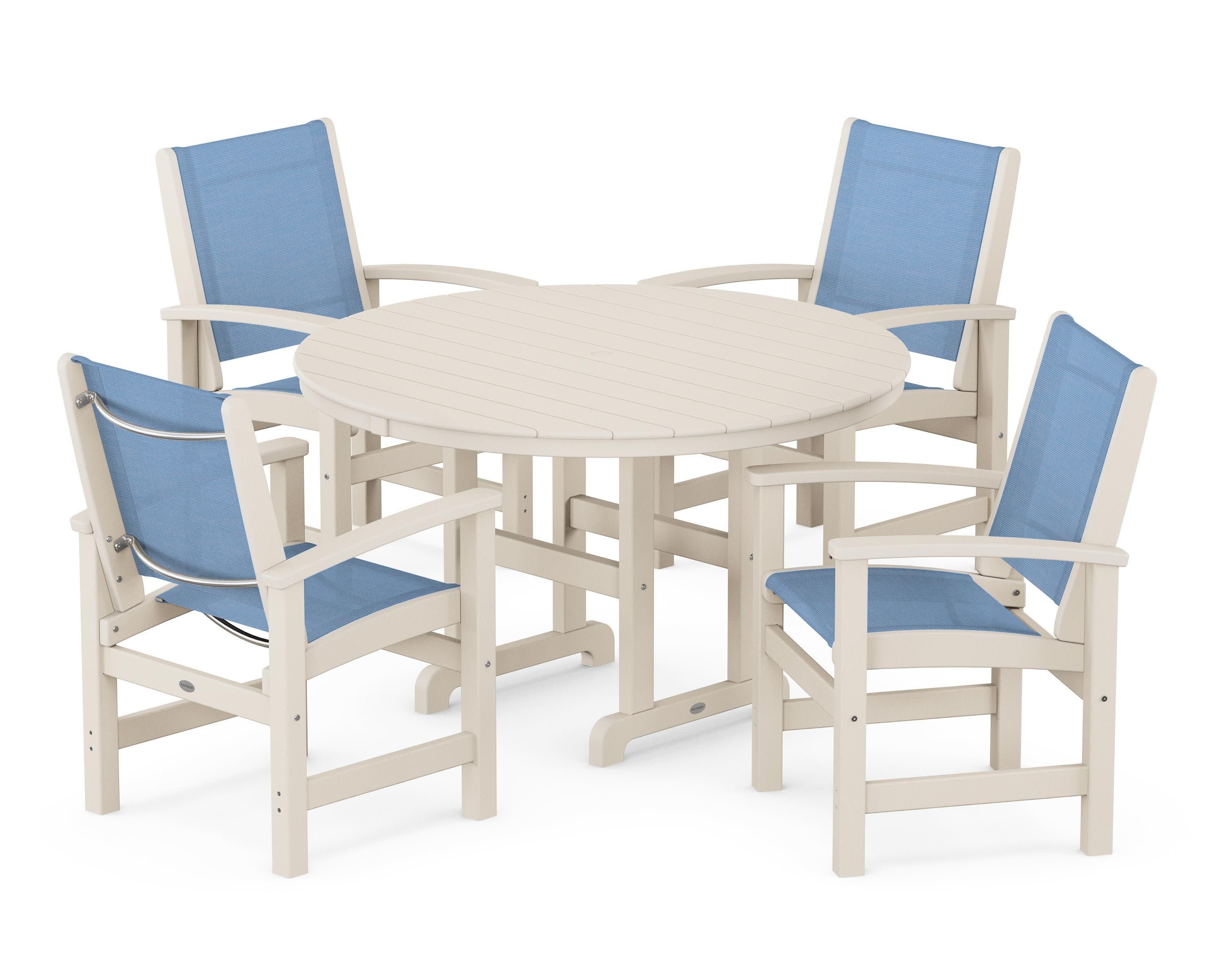 Coastal 5-Piece Round Farmhouse Dining Set in Sand / Poolside Sling