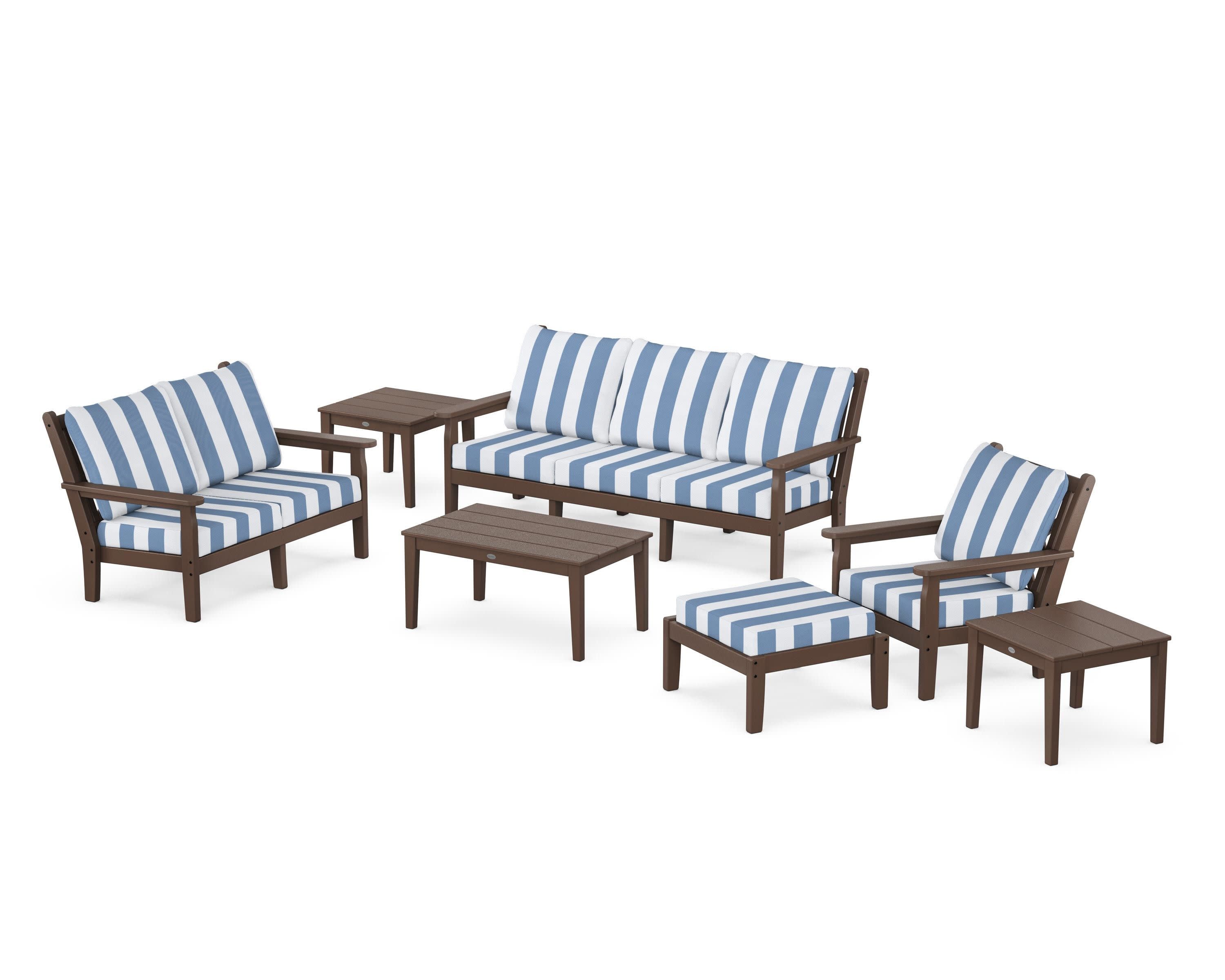 Chippendale 7-Piece Deep Seating Set in Mahogany / Cabana Stripe Sky Blue