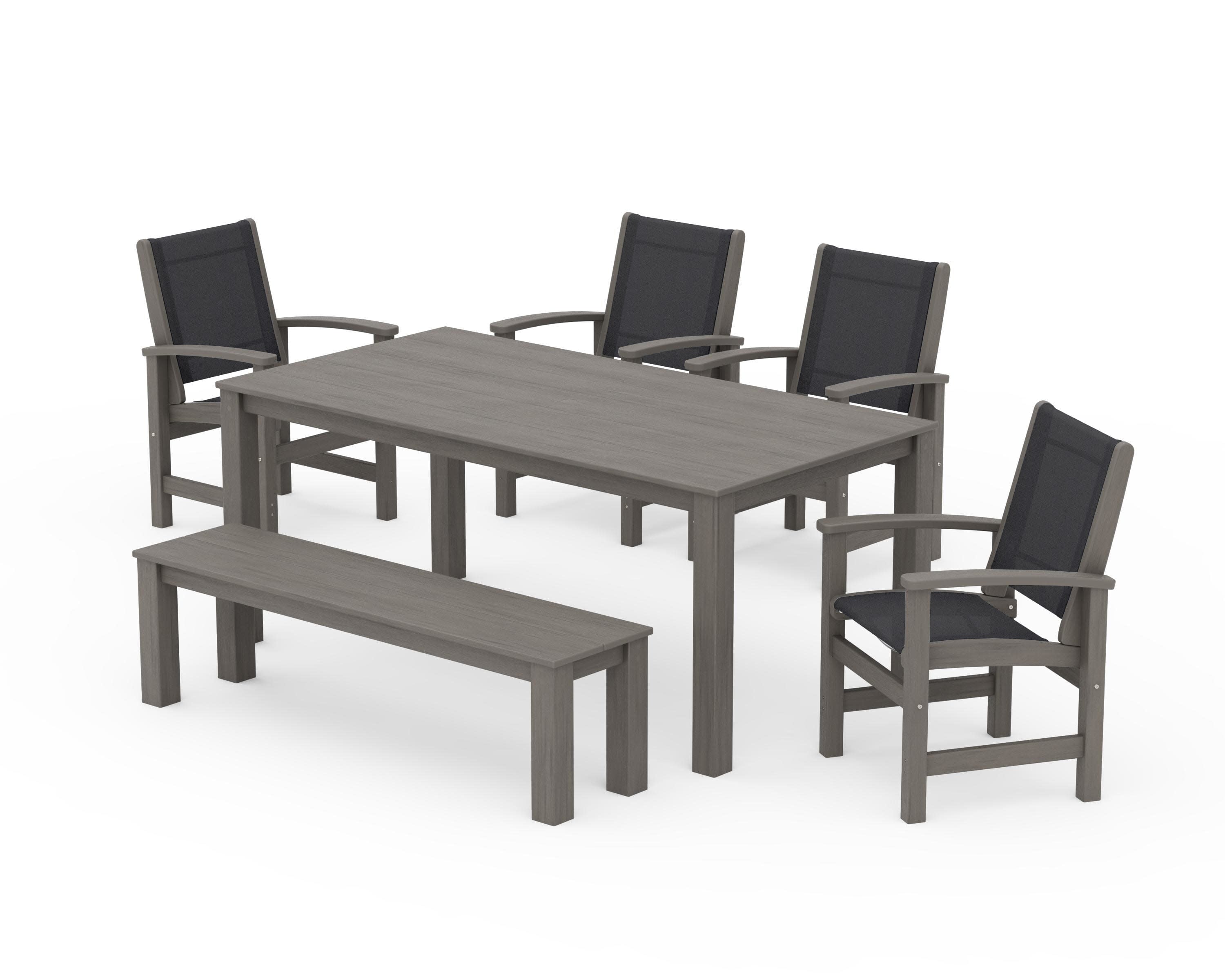 Coastal 6-Piece Parsons Dining Set with Bench in Driftwood / Black Sling