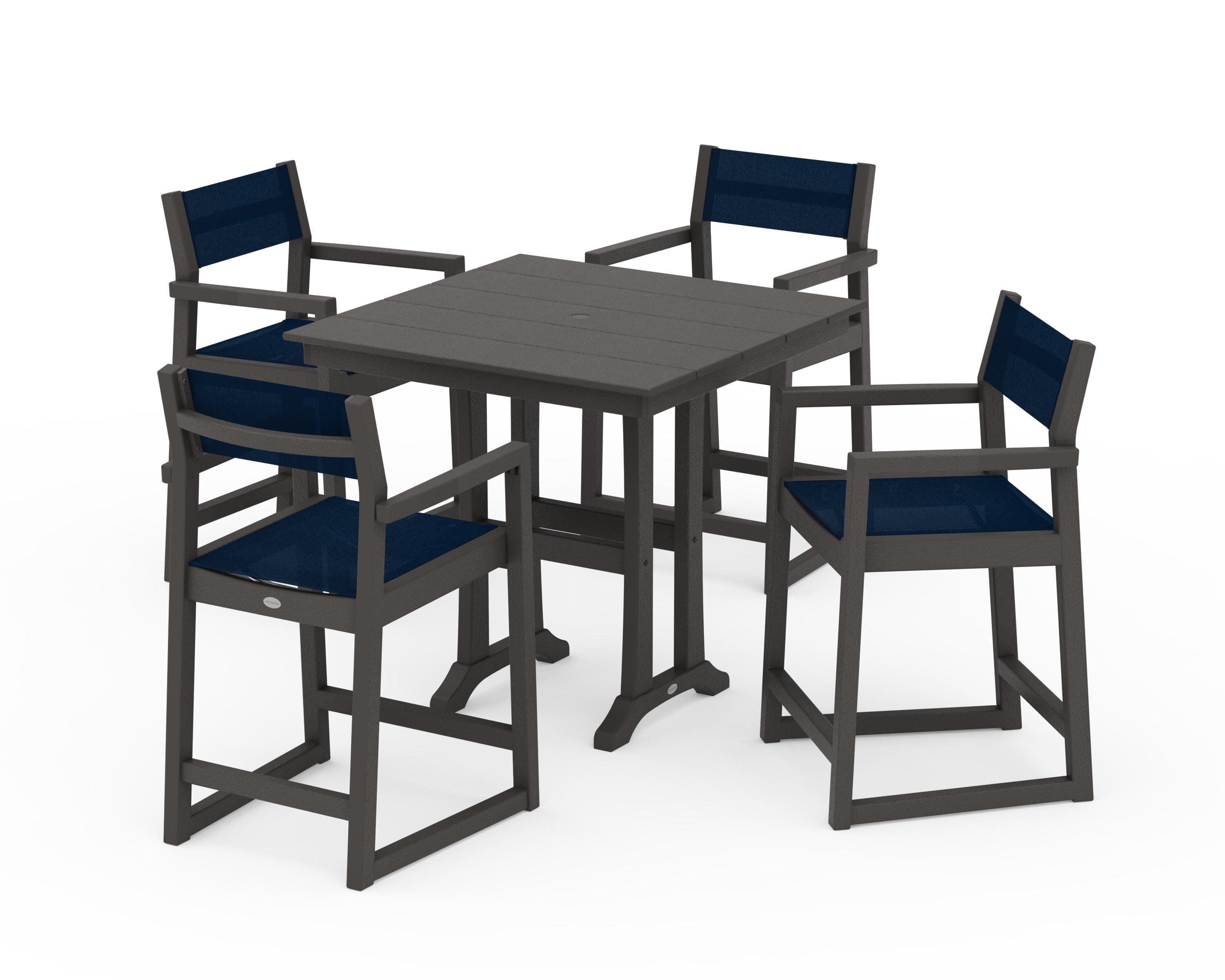 EDGE Sling Arm Chair 5-Piece Farmhouse Counter Set with Trestle Legs in Vintage Coffee / Navy Blue Sling