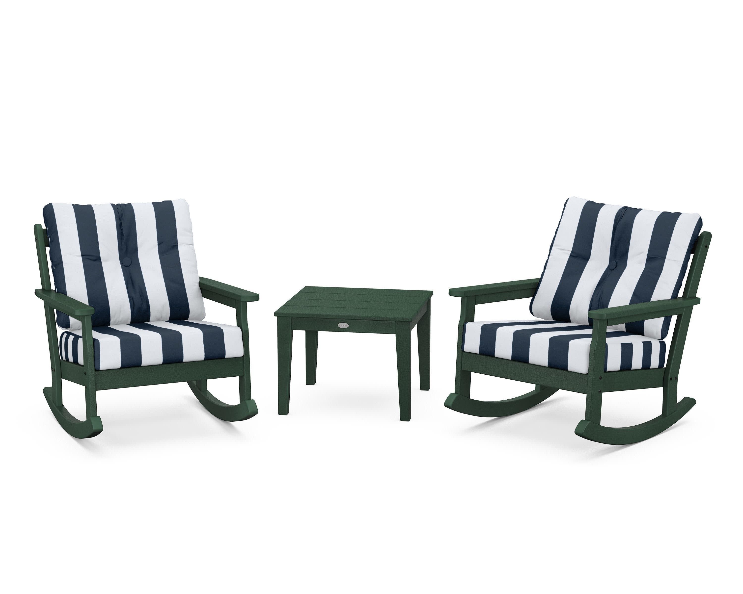 Vineyard 3-Piece Deep Seating Rocker Set in Green / Cabana Stripe Marine Indigo