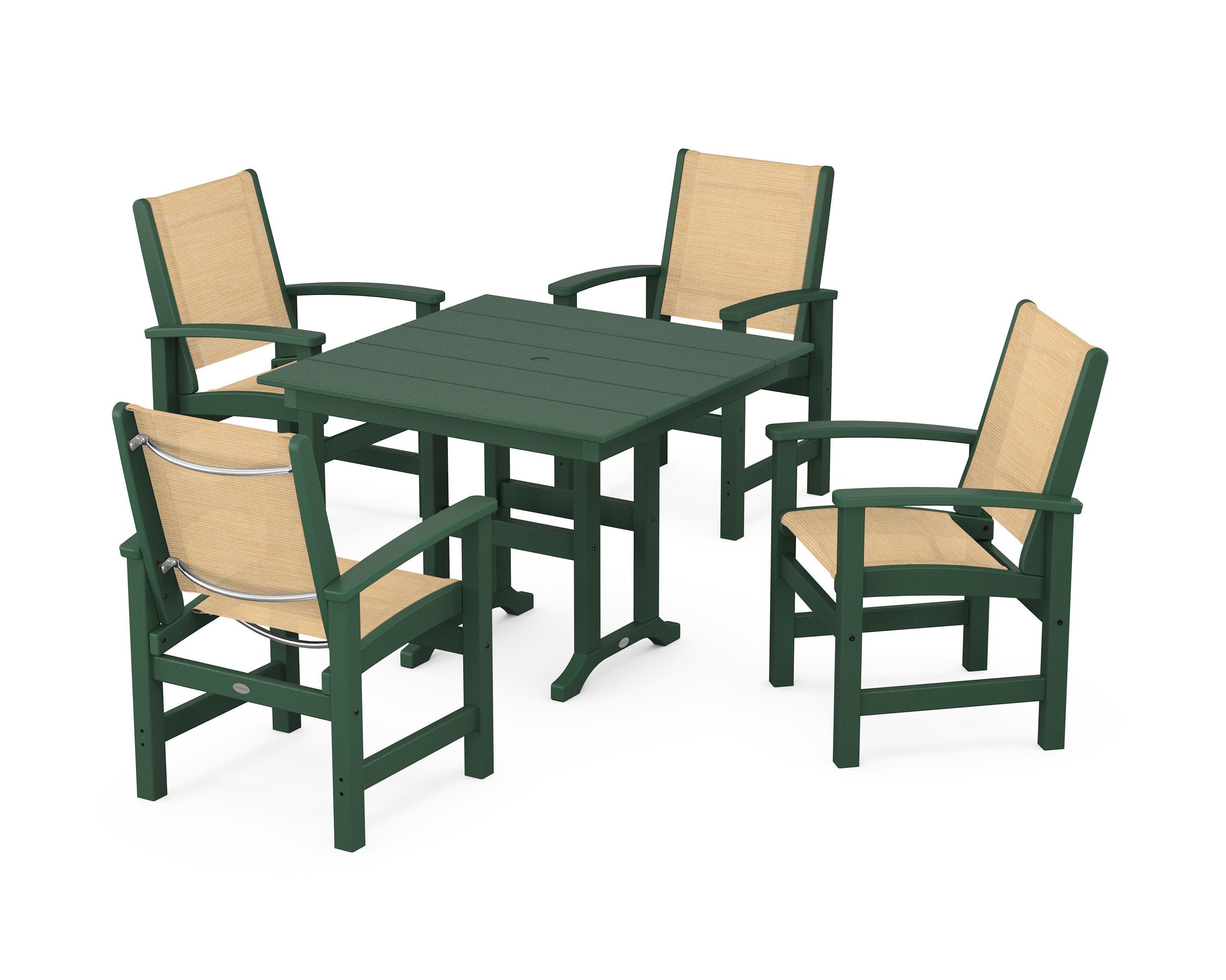Coastal 5-Piece Farmhouse Dining Set in Green / Dupioni Apricot Sling