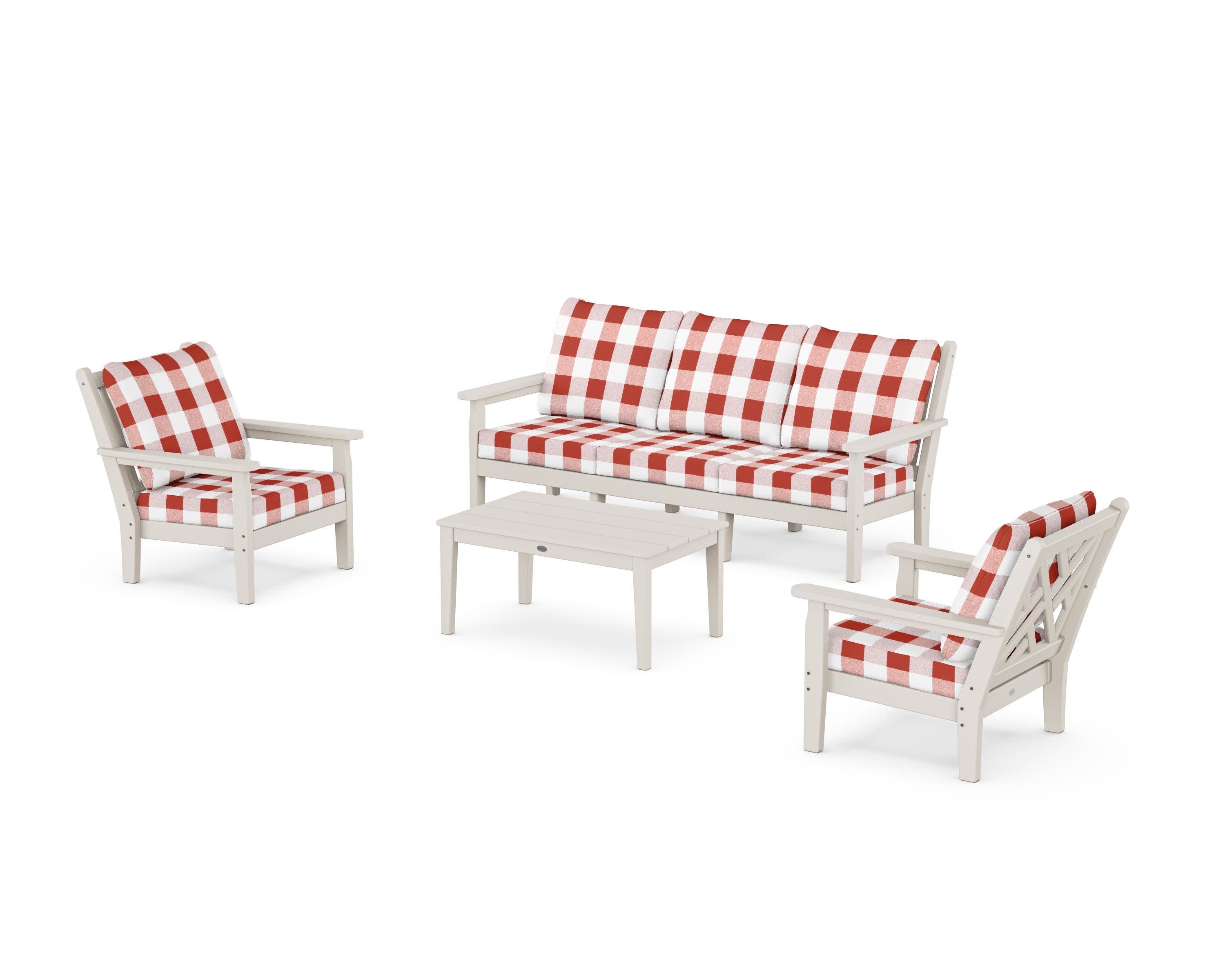 Chippendale 4-Piece Deep Seating Set with Sofa in Sand / Buffalo Plaid Crimson