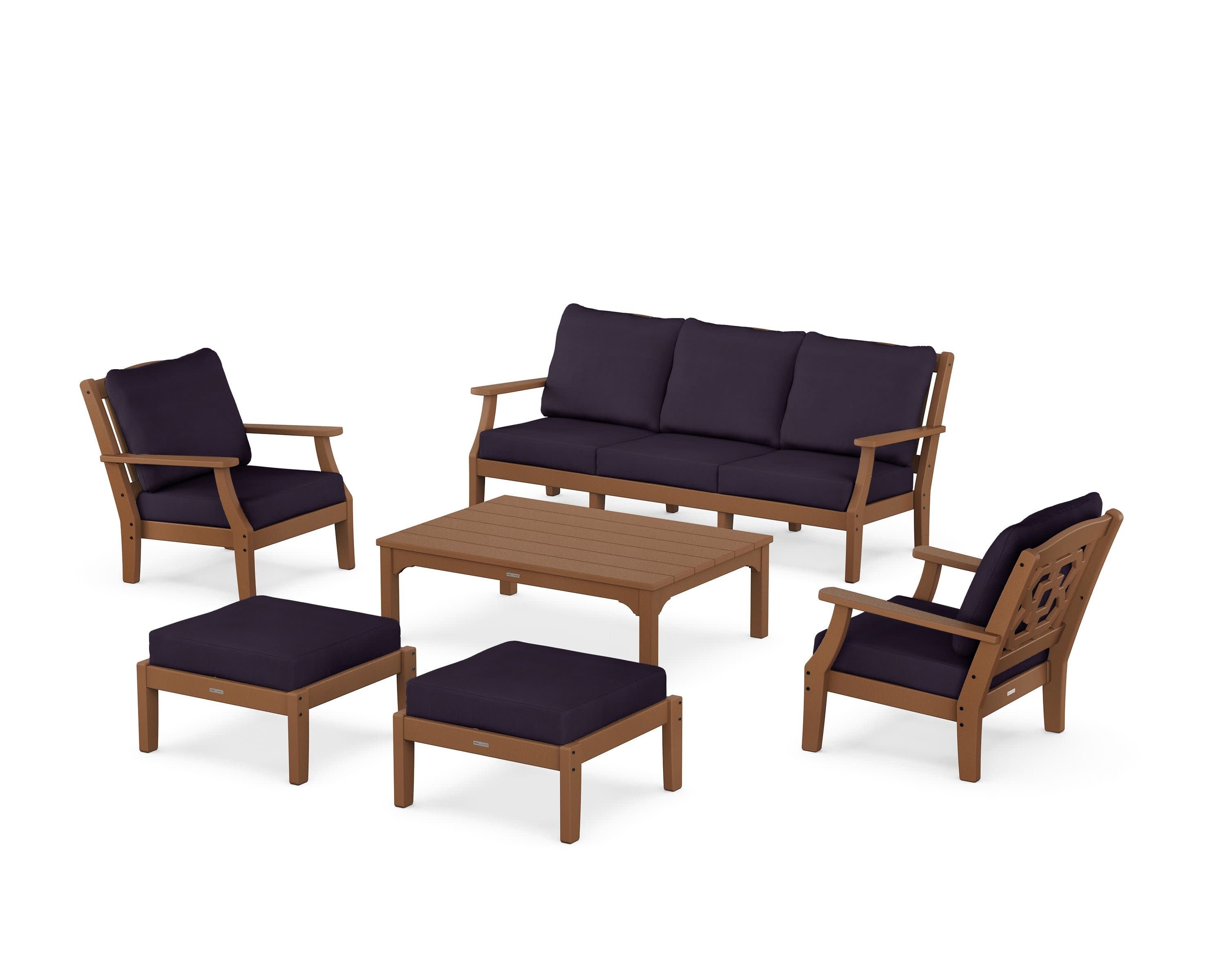 Chinoiserie 6-Piece Lounge Sofa Set in Teak / Navy Linen