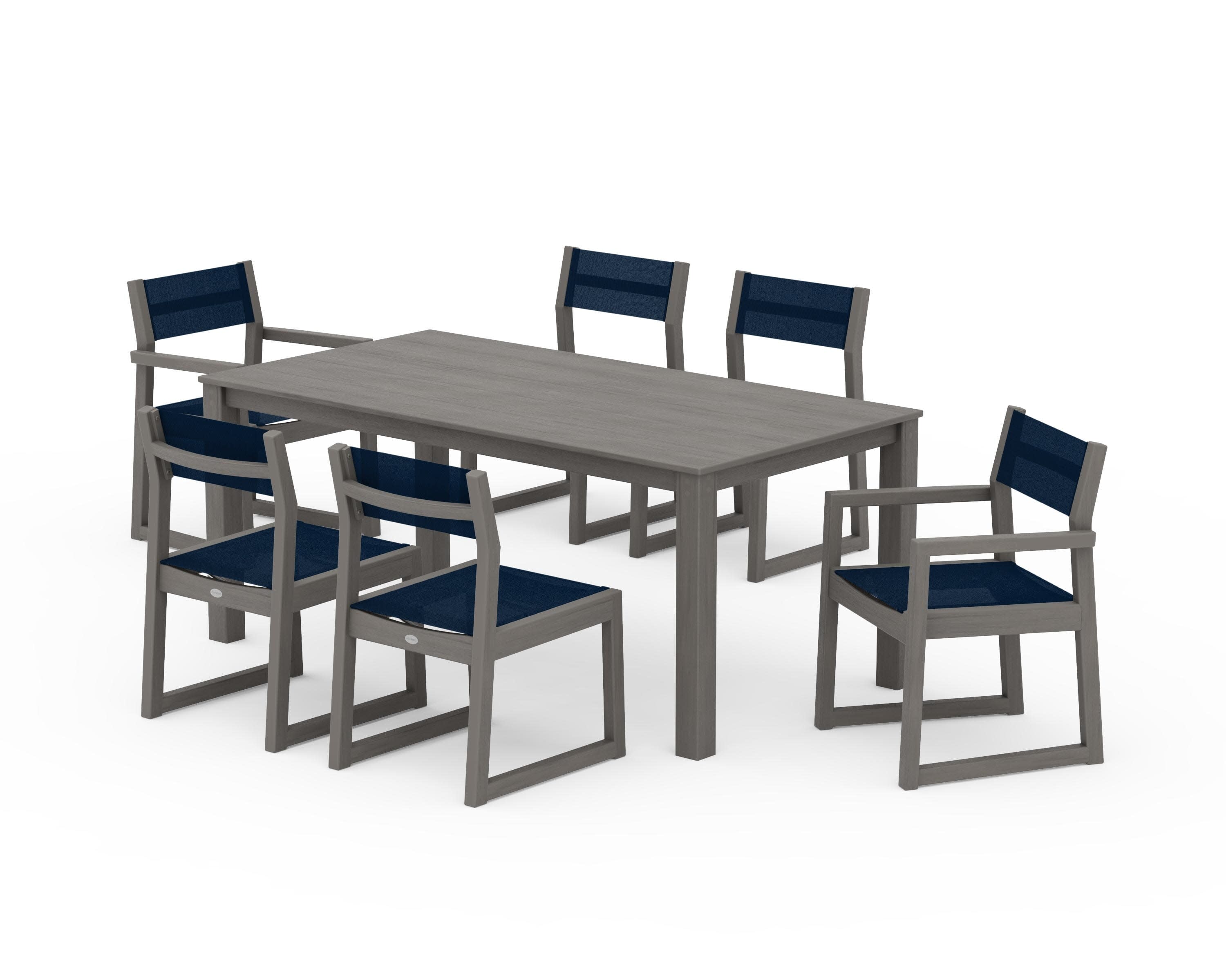 EDGE Sling 7-Piece Parsons Dining Set in Driftwood / Navy Blue Sling