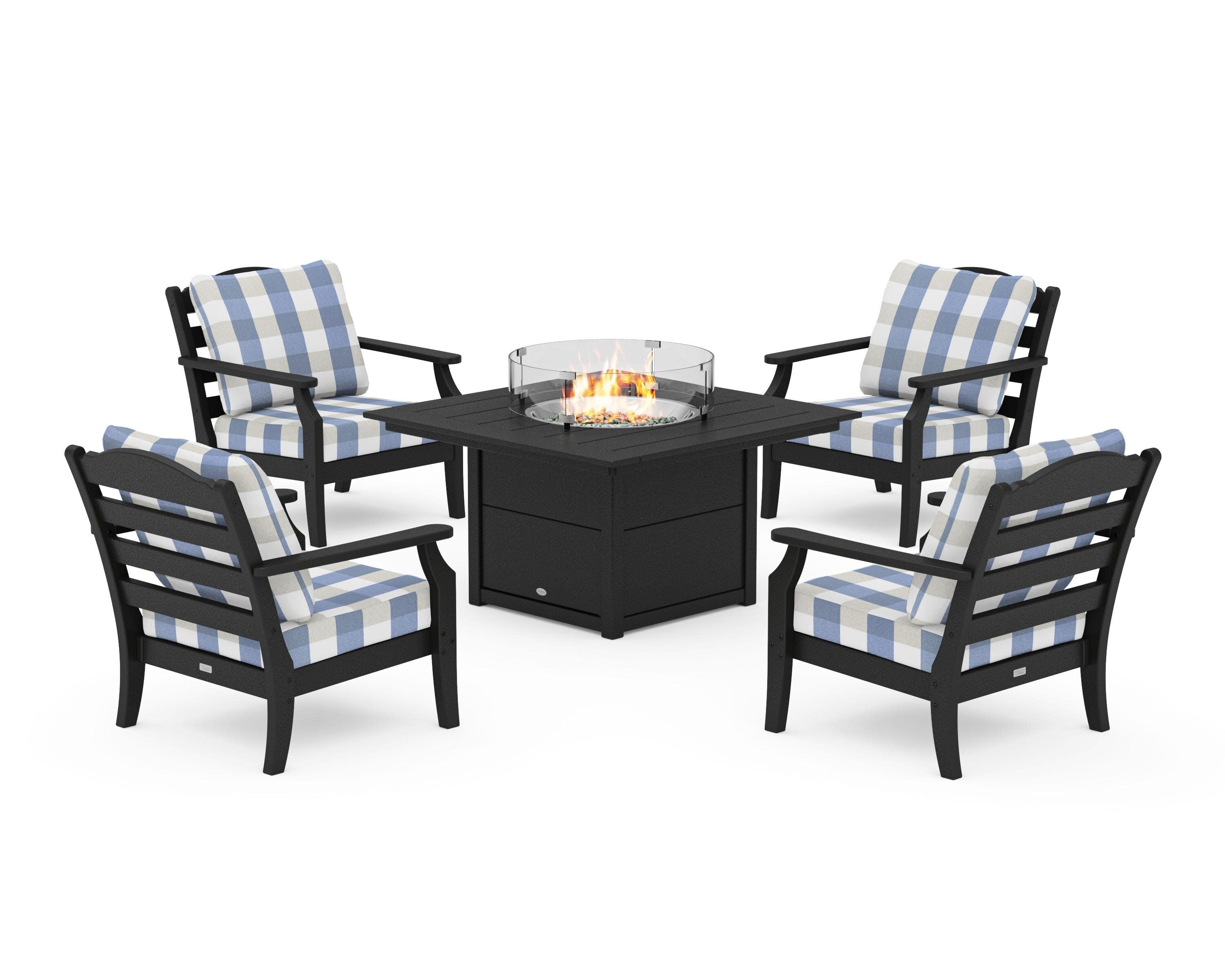 Savannah 5-Piece Deep Seating Set with Fire Pit Table in Black / Buffalo Plaid Sky Blue