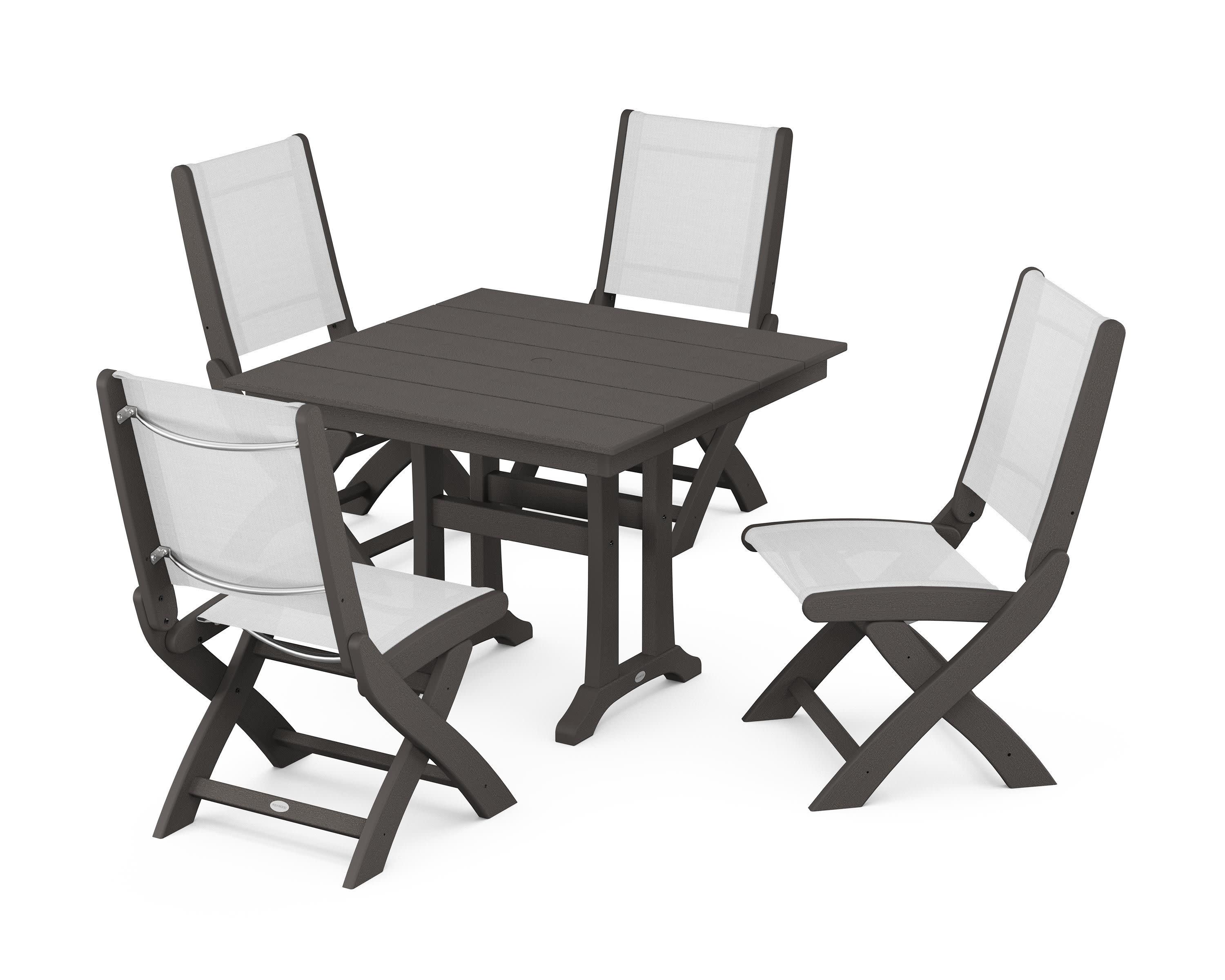 Coastal Folding Side Chair 5-Piece Farmhouse Dining Set With Trestle Legs in Vintage Coffee / White Sling